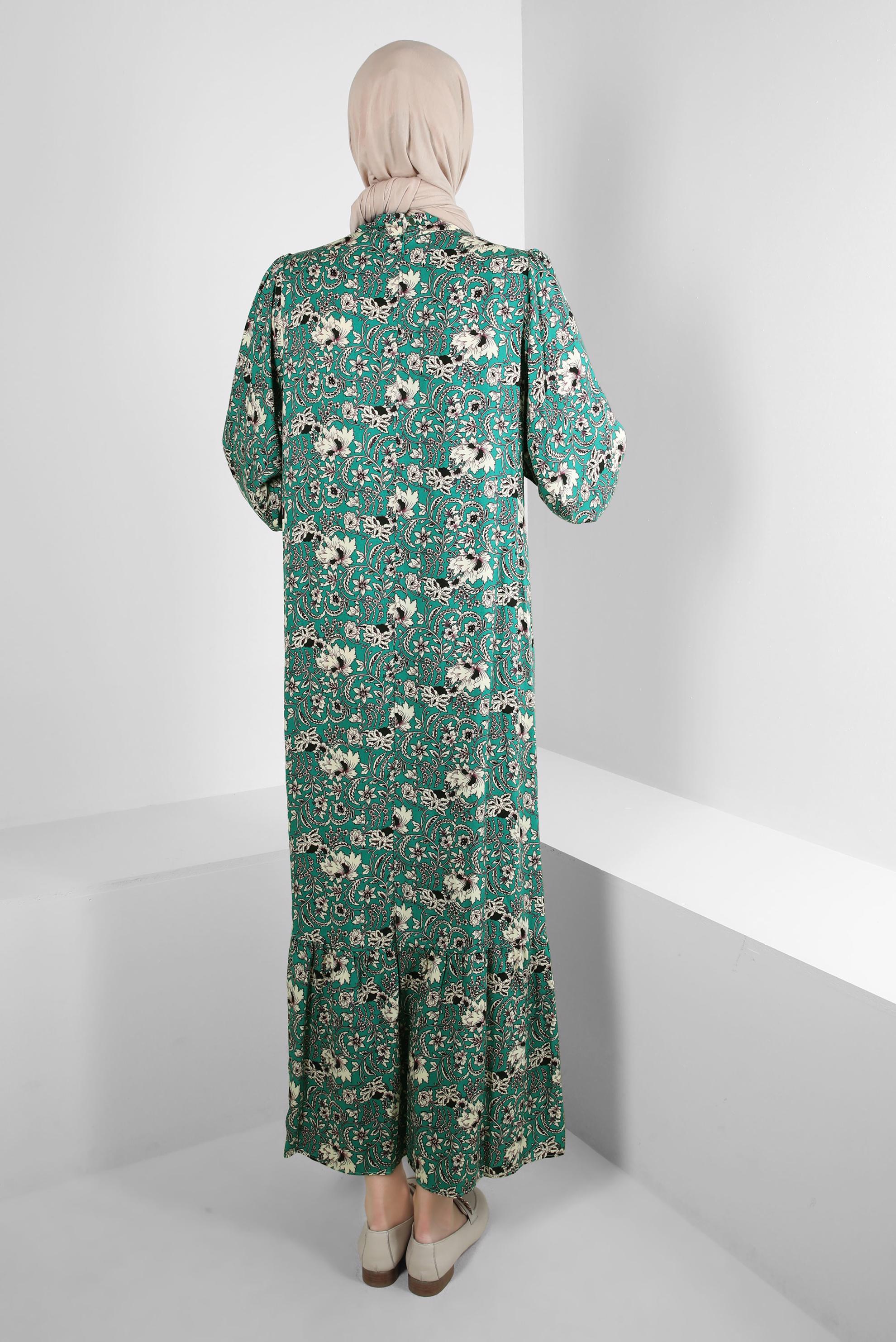 Tesettür giyim YEŞİL DESENLİ YAKASI BAĞLAMALI ELBİSE 43748