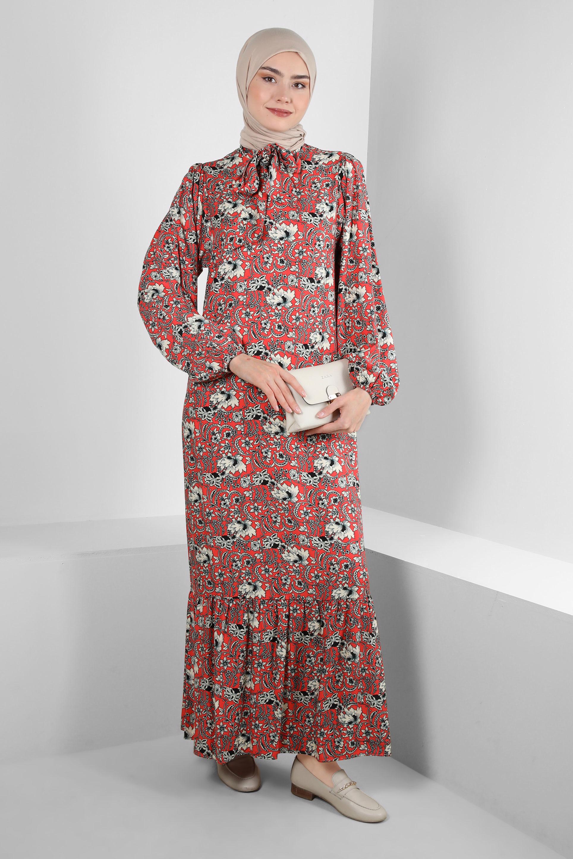 Tesettür giyim MERCAN DESENLİ YAKASI BAĞLAMALI ELBİSE 43748