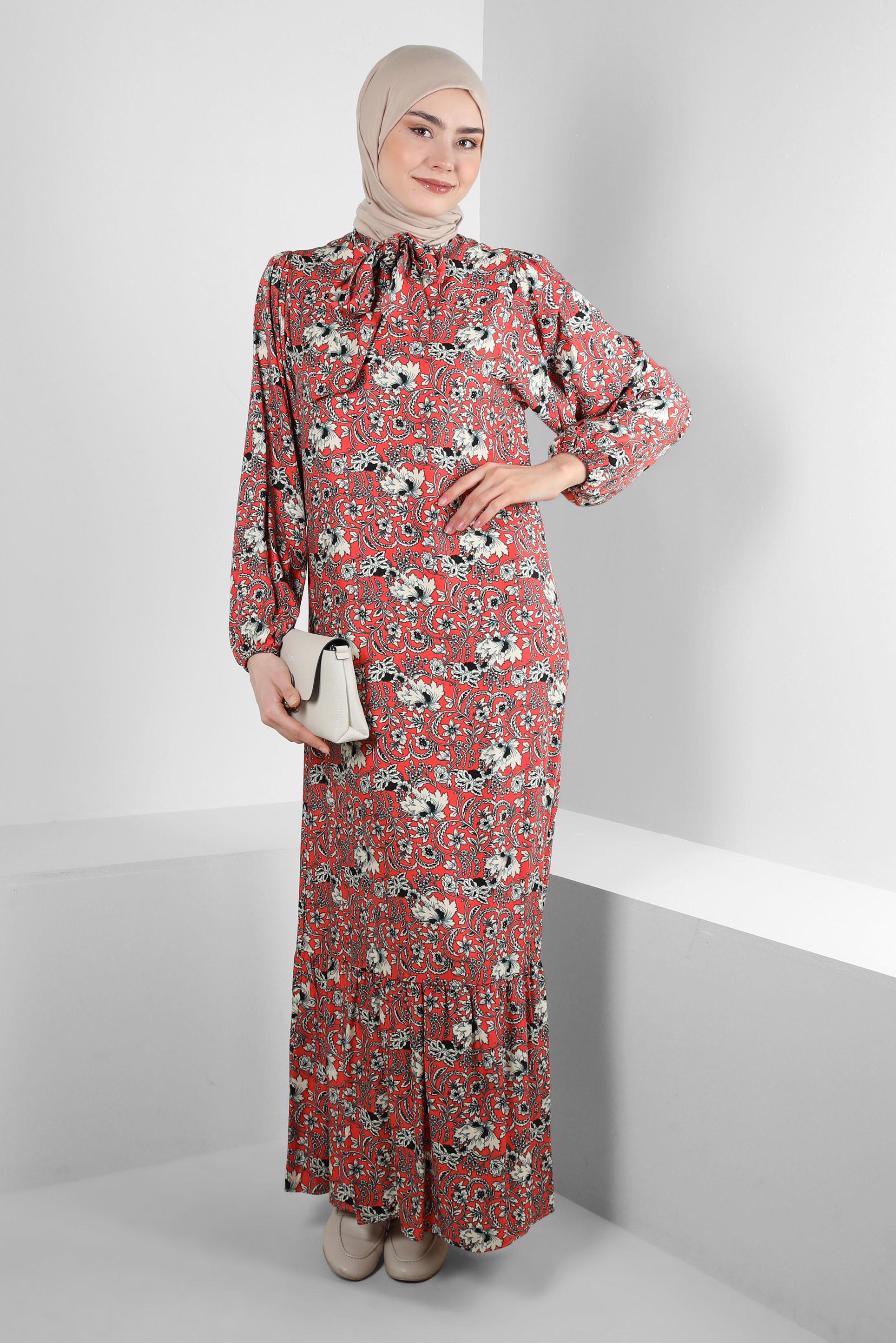 Tesettür giyim MERCAN DESENLİ YAKASI BAĞLAMALI ELBİSE 43748