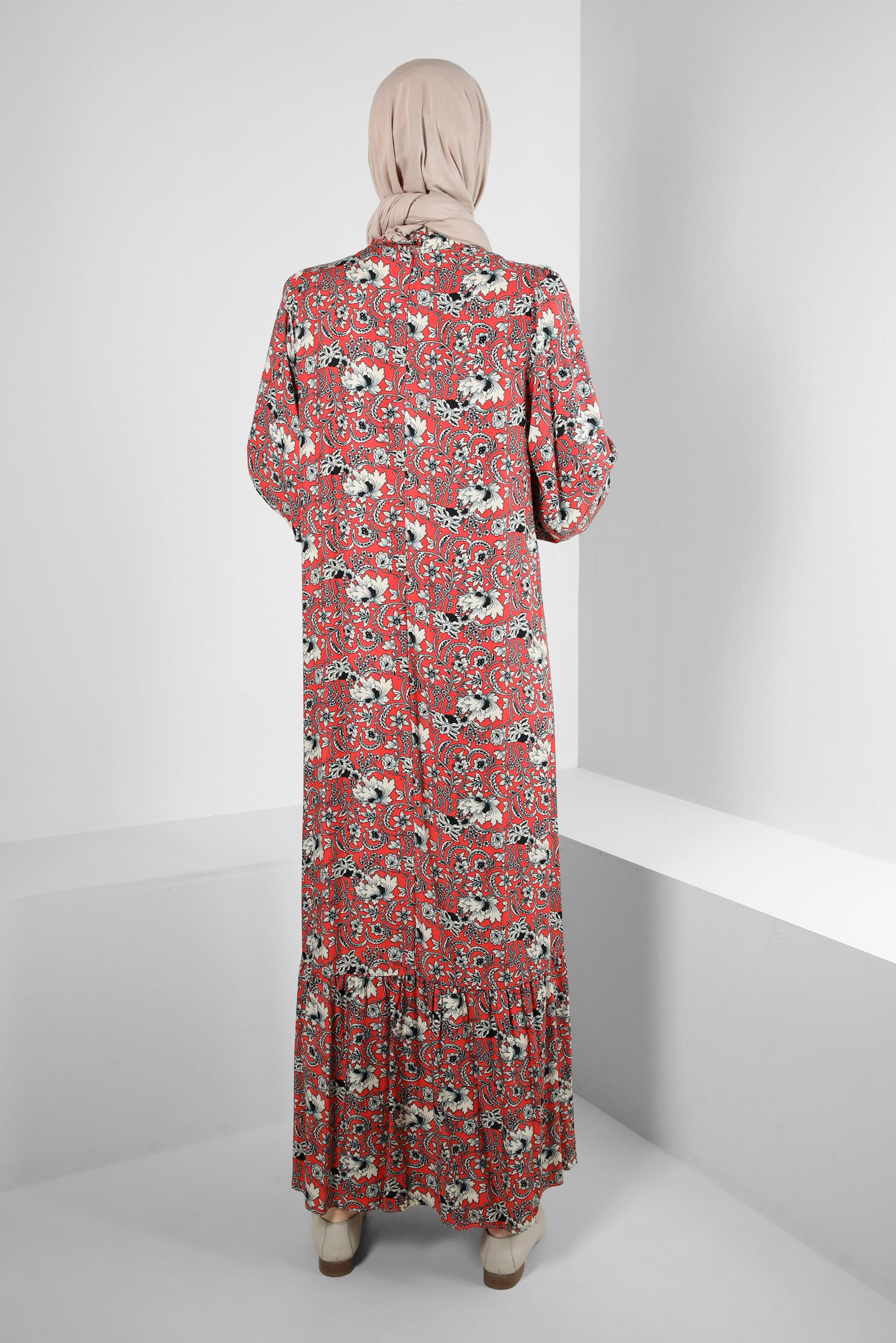 Tesettür giyim MERCAN DESENLİ YAKASI BAĞLAMALI ELBİSE 43748