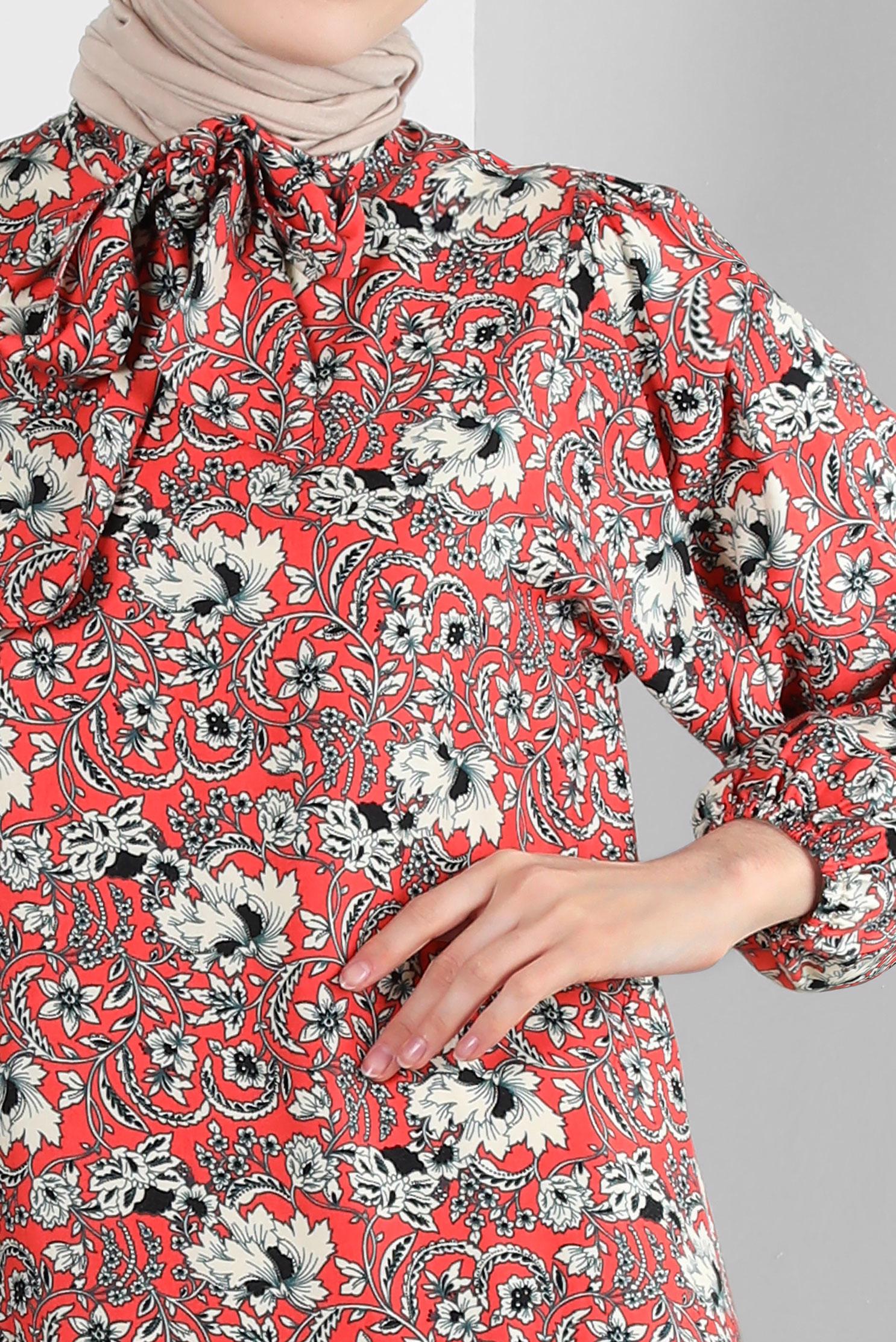 Tesettür giyim MERCAN DESENLİ YAKASI BAĞLAMALI ELBİSE 43748