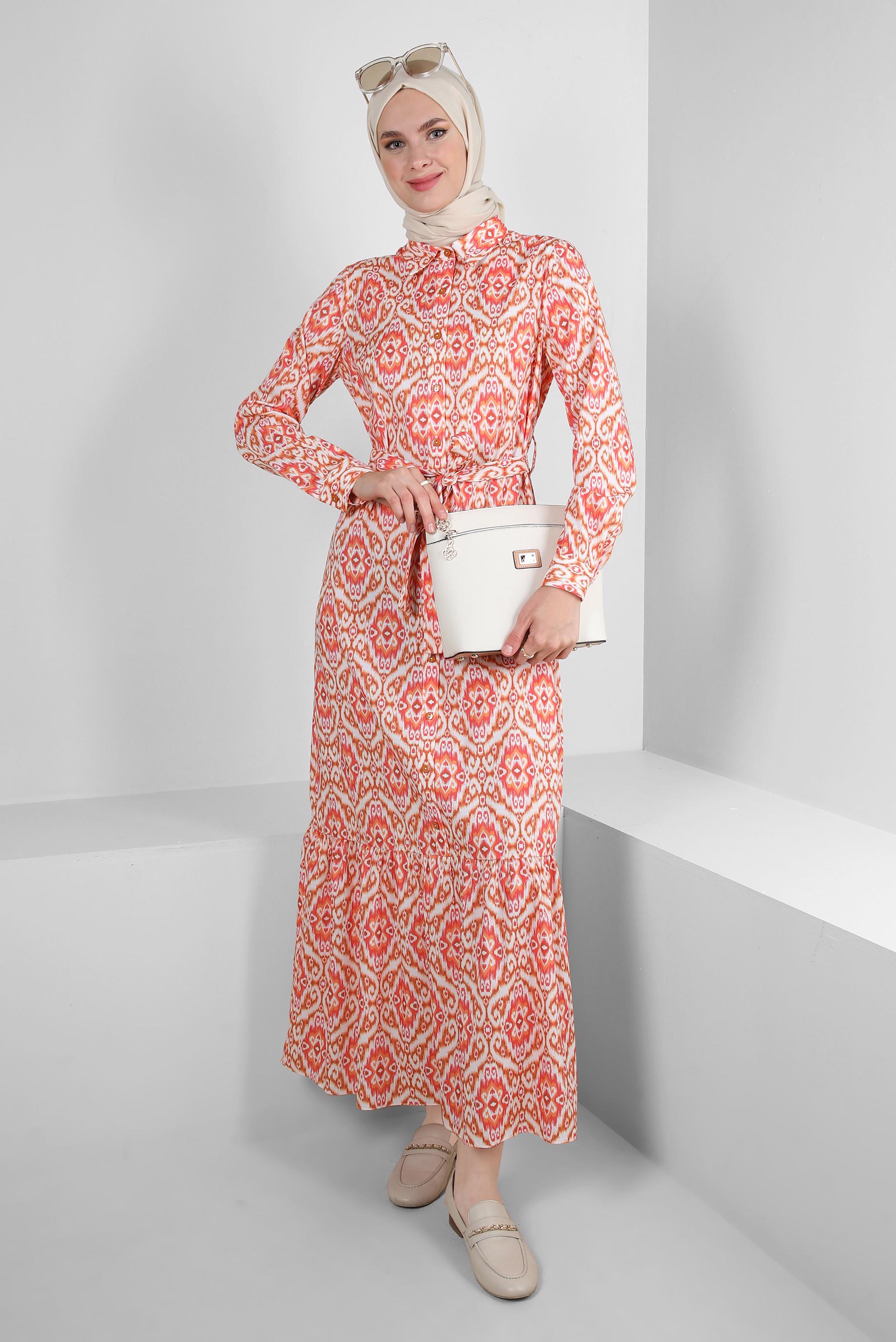 Tesettür giyim TURUNCU ETNİK DESENLİ KUŞAKLI DÜĞMELİ ELBİSE 43749