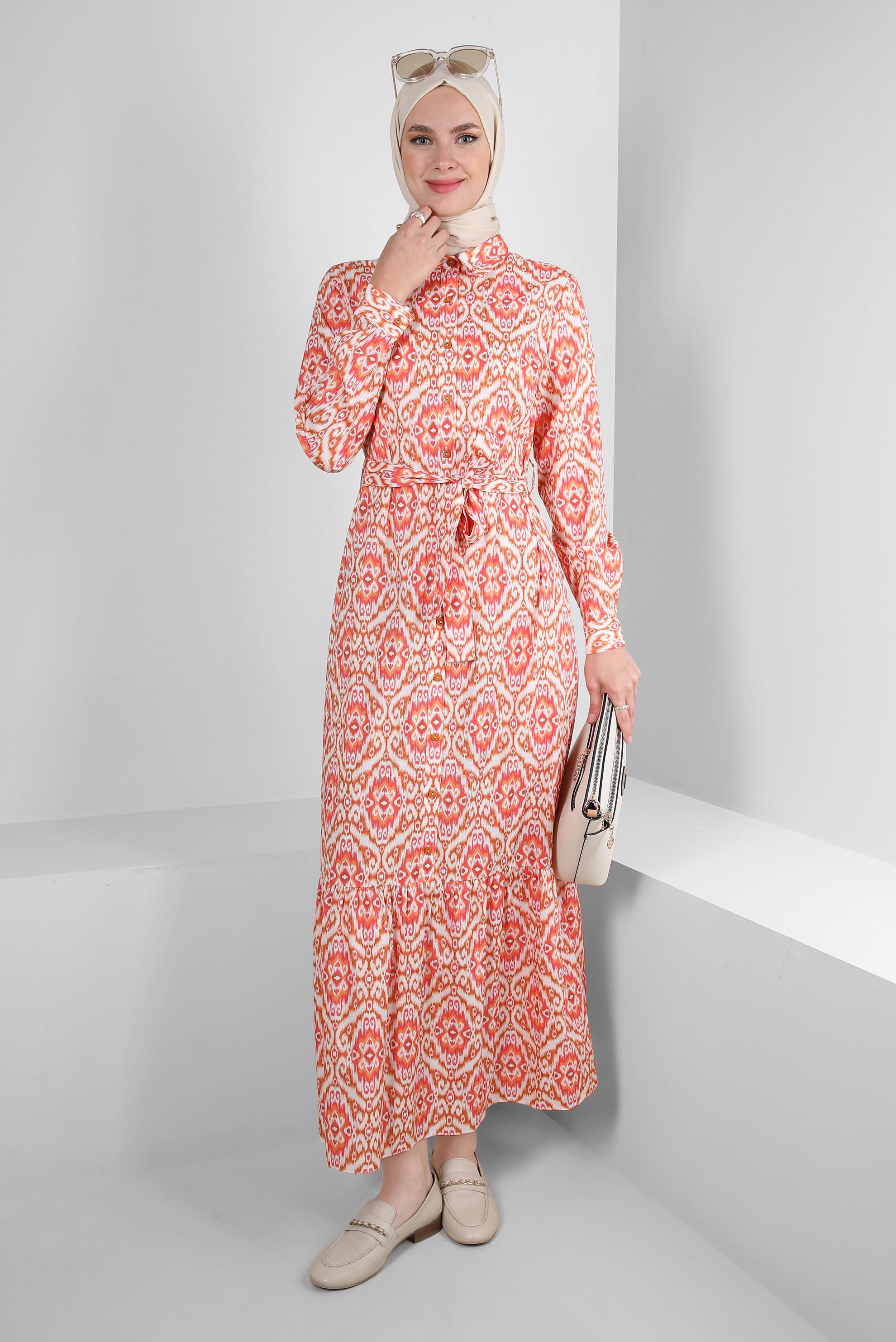 Tesettür giyim TURUNCU ETNİK DESENLİ KUŞAKLI DÜĞMELİ ELBİSE 43749