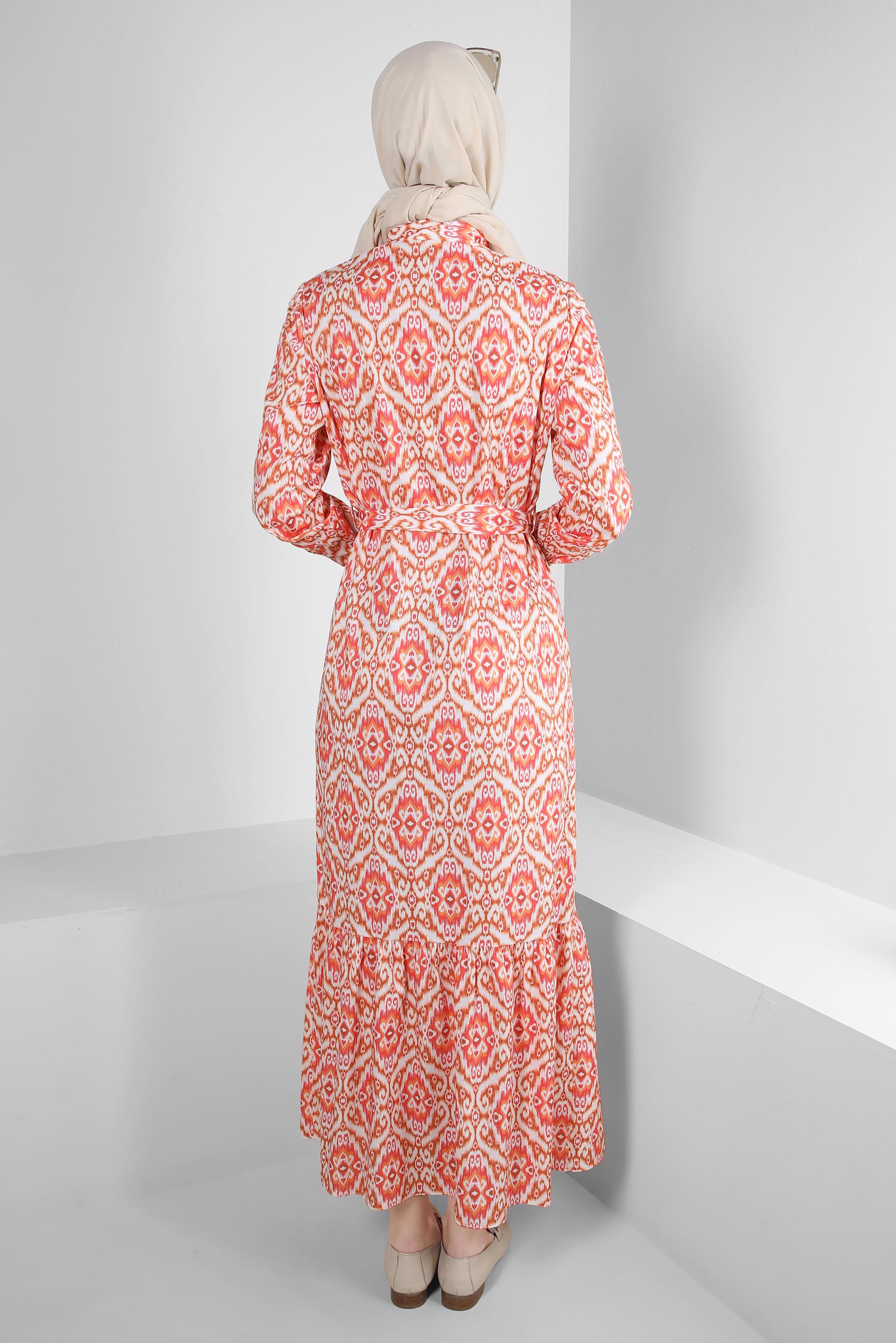 Tesettür giyim TURUNCU ETNİK DESENLİ KUŞAKLI DÜĞMELİ ELBİSE 43749