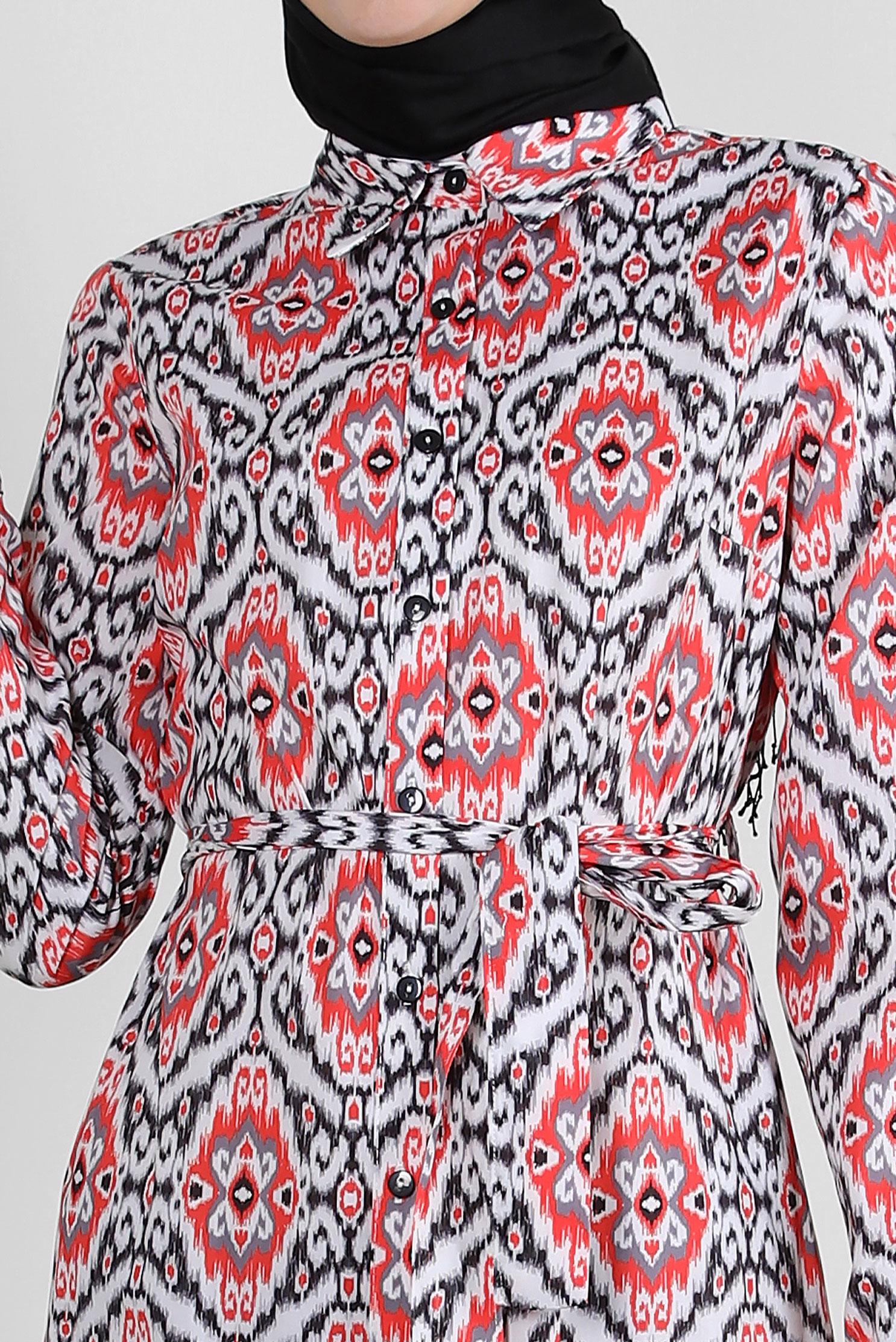 Tesettür giyim SİYAH ETNİK DESENLİ KUŞAKLI DÜĞMELİ ELBİSE 43749