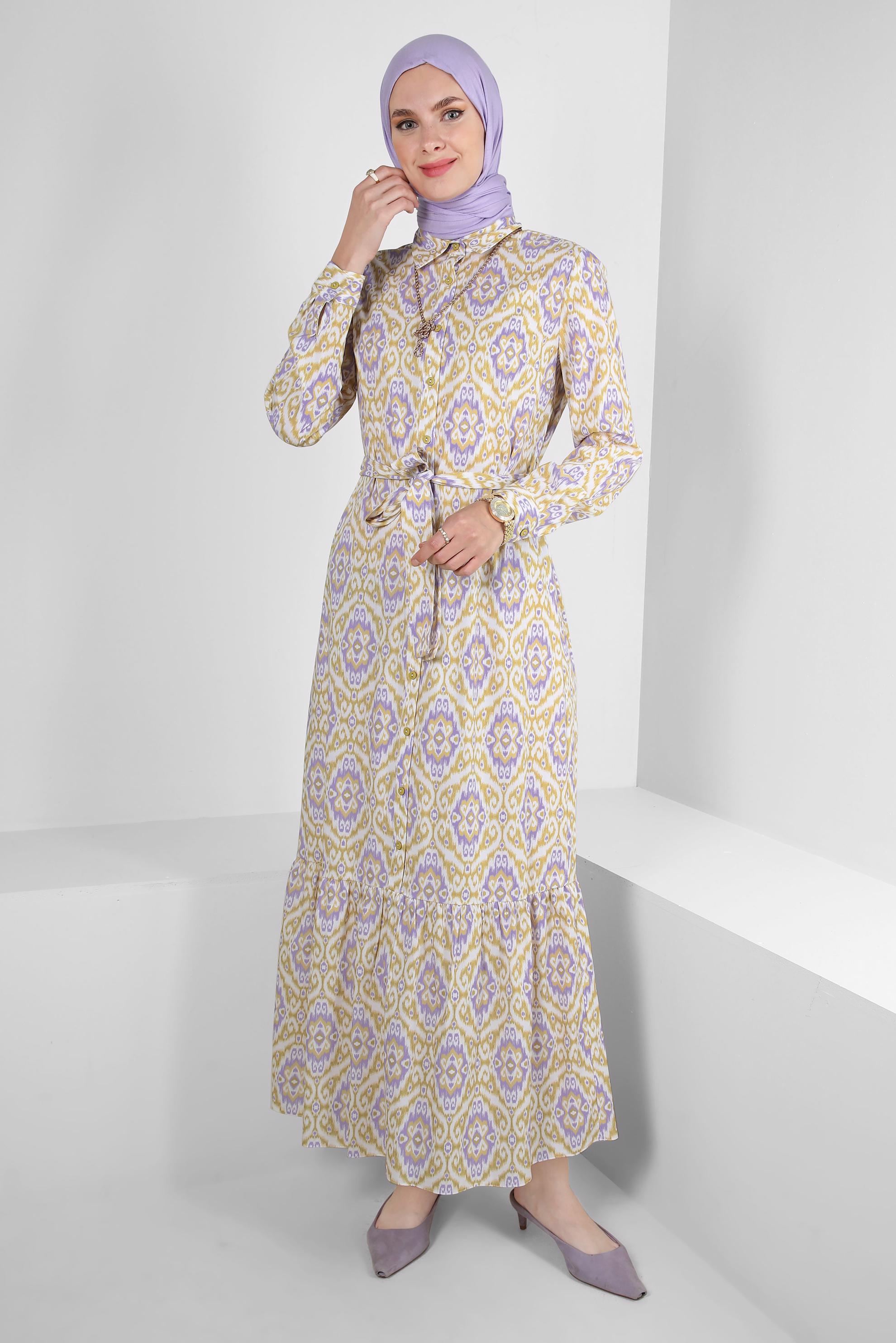 Tesettür giyim YEŞİL ETNİK DESENLİ KUŞAKLI DÜĞMELİ ELBİSE 43749