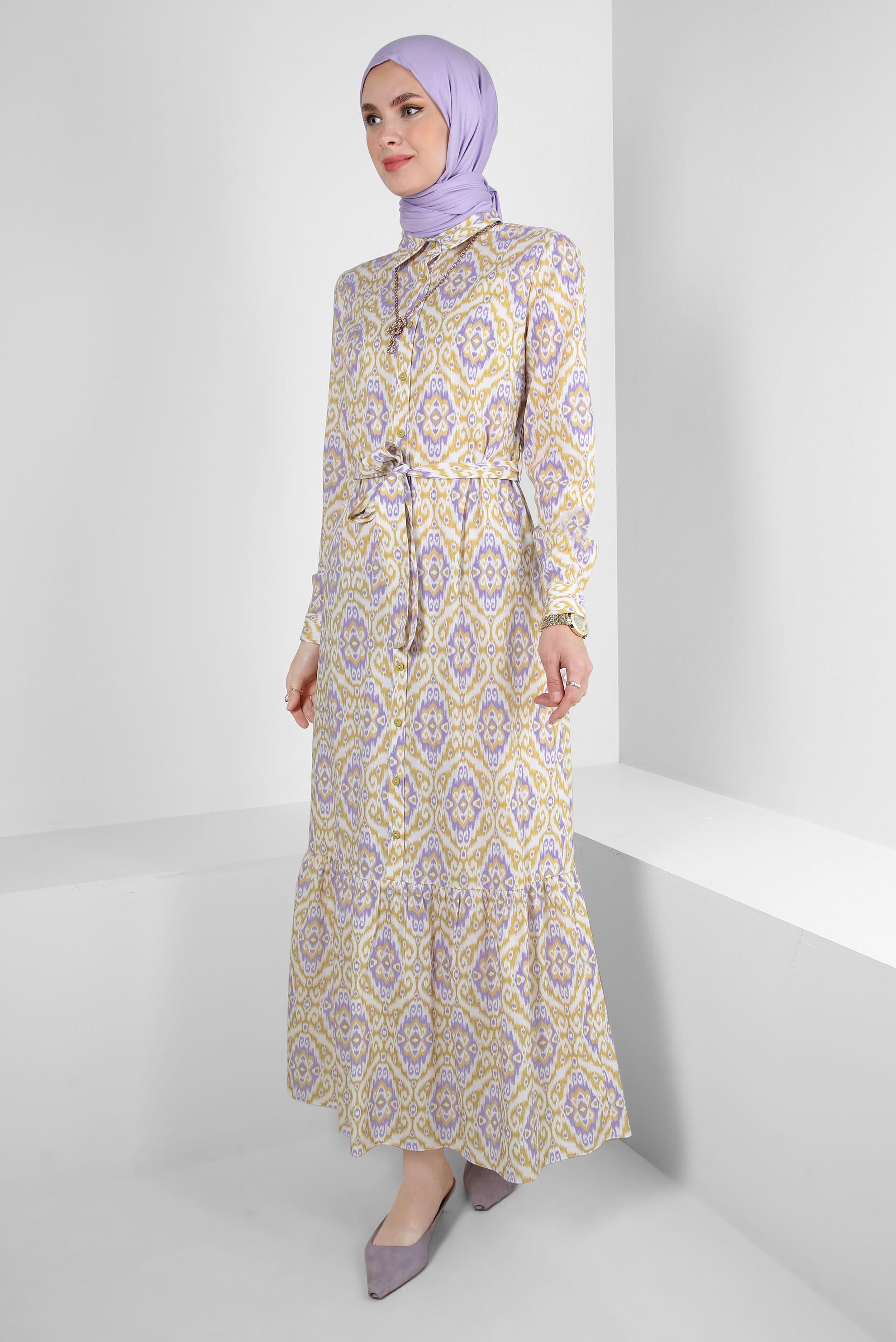 Tesettür giyim YEŞİL ETNİK DESENLİ KUŞAKLI DÜĞMELİ ELBİSE 43749