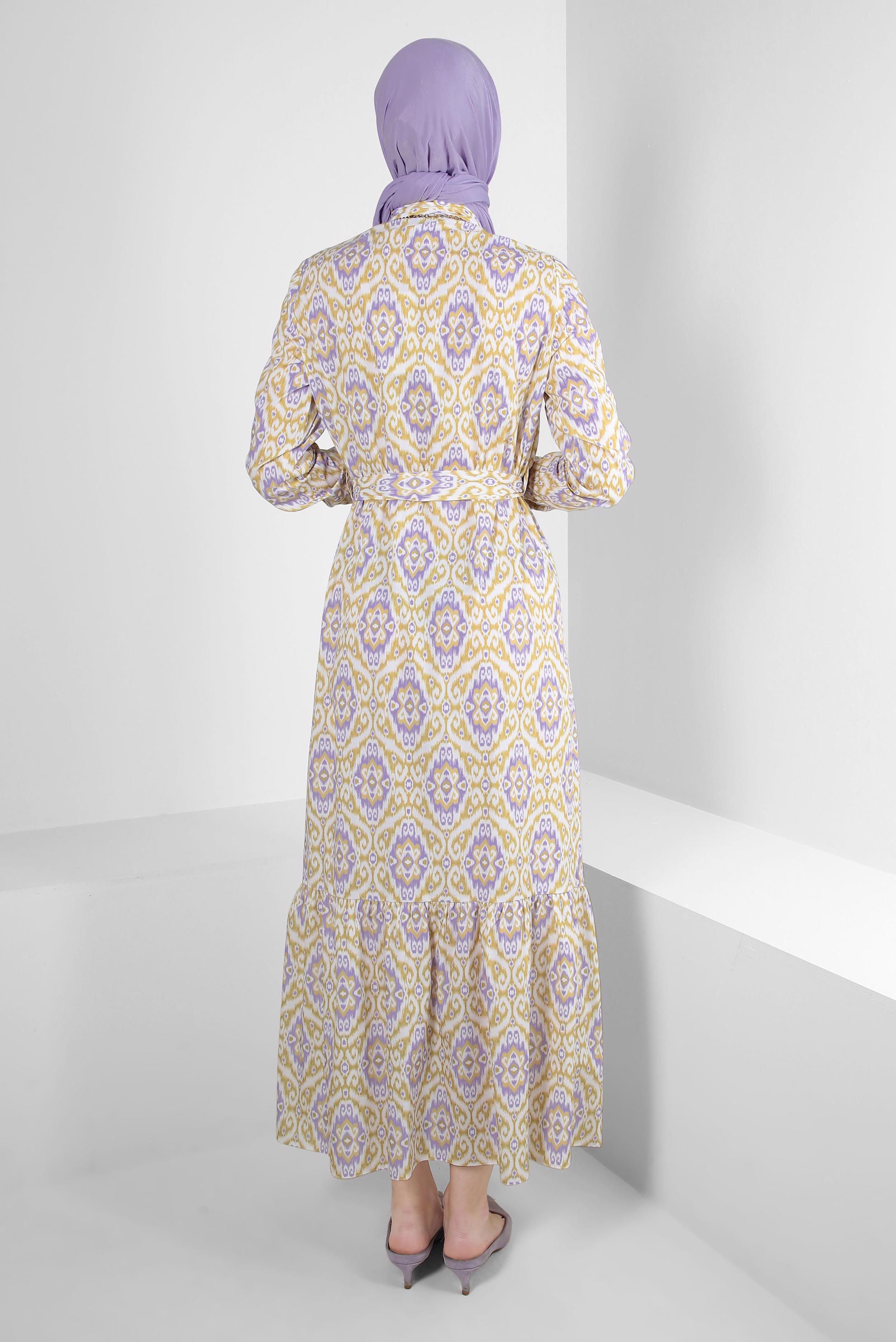 Tesettür giyim YEŞİL ETNİK DESENLİ KUŞAKLI DÜĞMELİ ELBİSE 43749