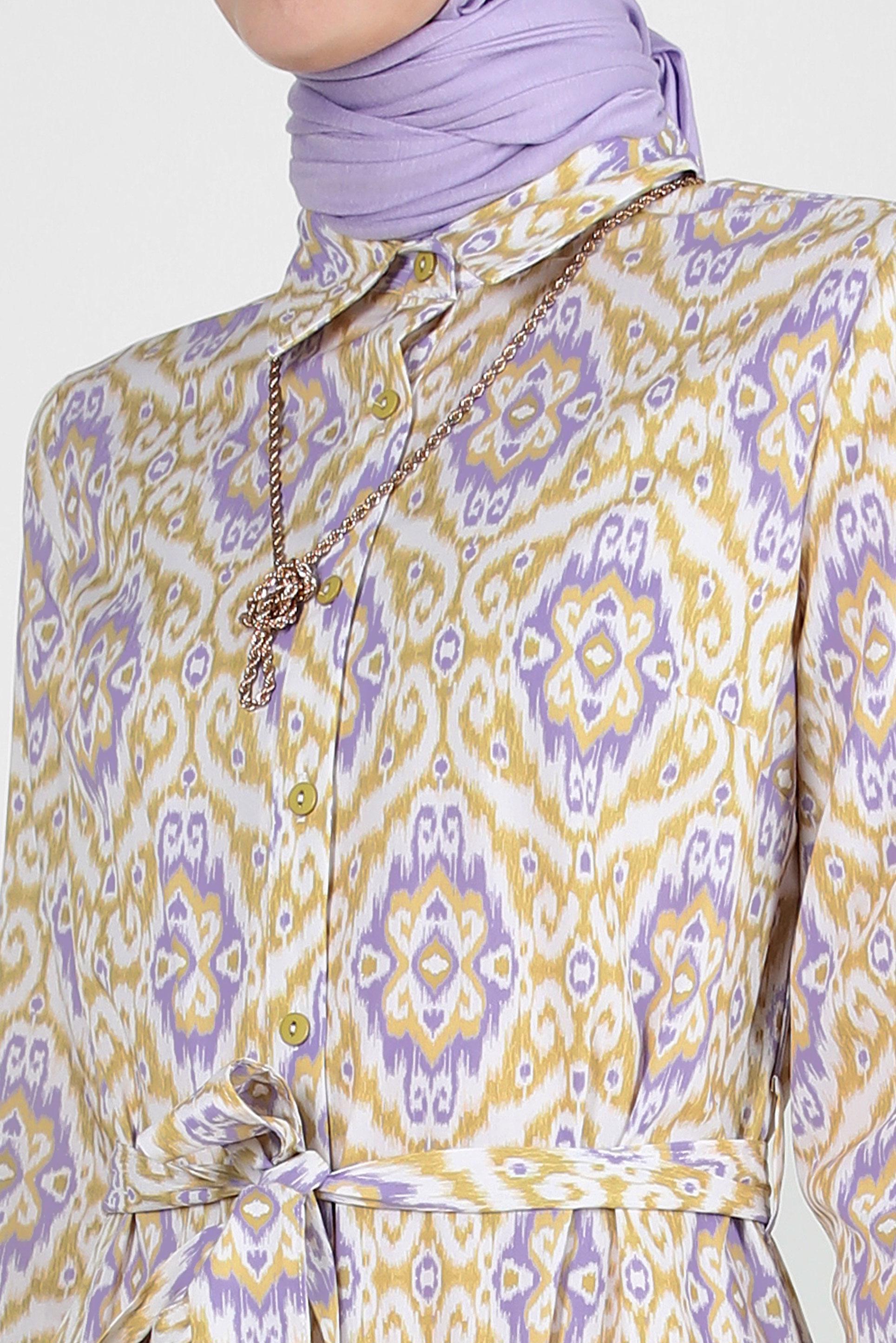 Tesettür giyim YEŞİL ETNİK DESENLİ KUŞAKLI DÜĞMELİ ELBİSE 43749