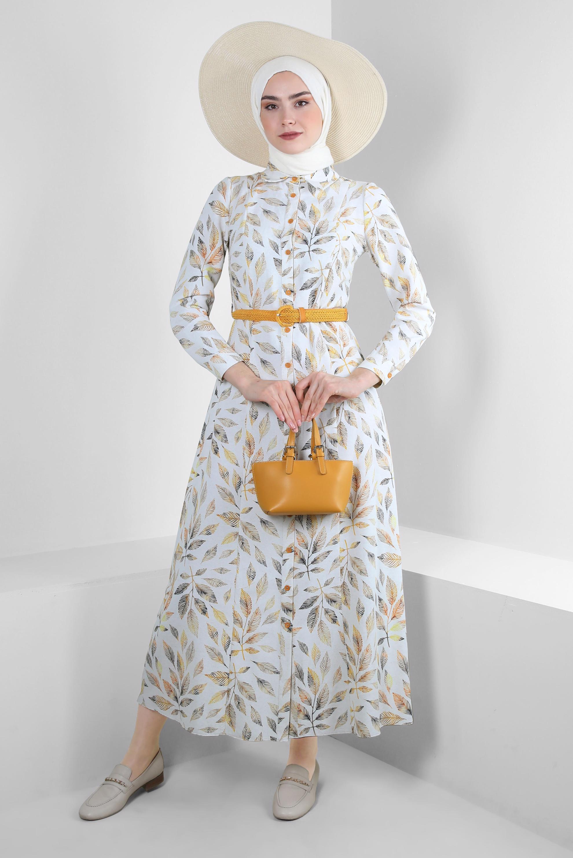 Tesettür giyim SARI YAPRAK DESENLİ DÜĞMELİ KEMERLİ ELBİSE 43750