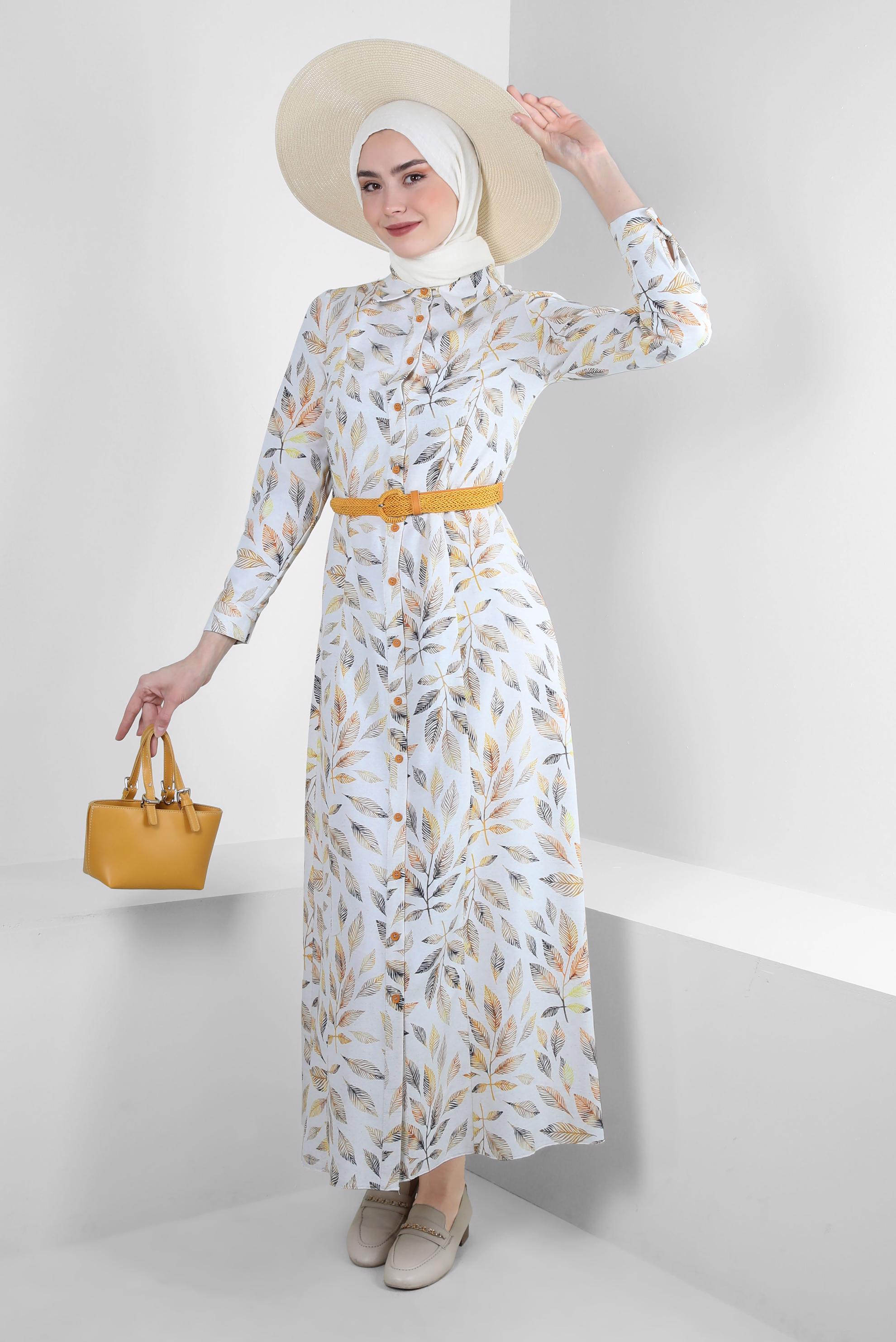 Tesettür giyim SARI YAPRAK DESENLİ DÜĞMELİ KEMERLİ ELBİSE 43750
