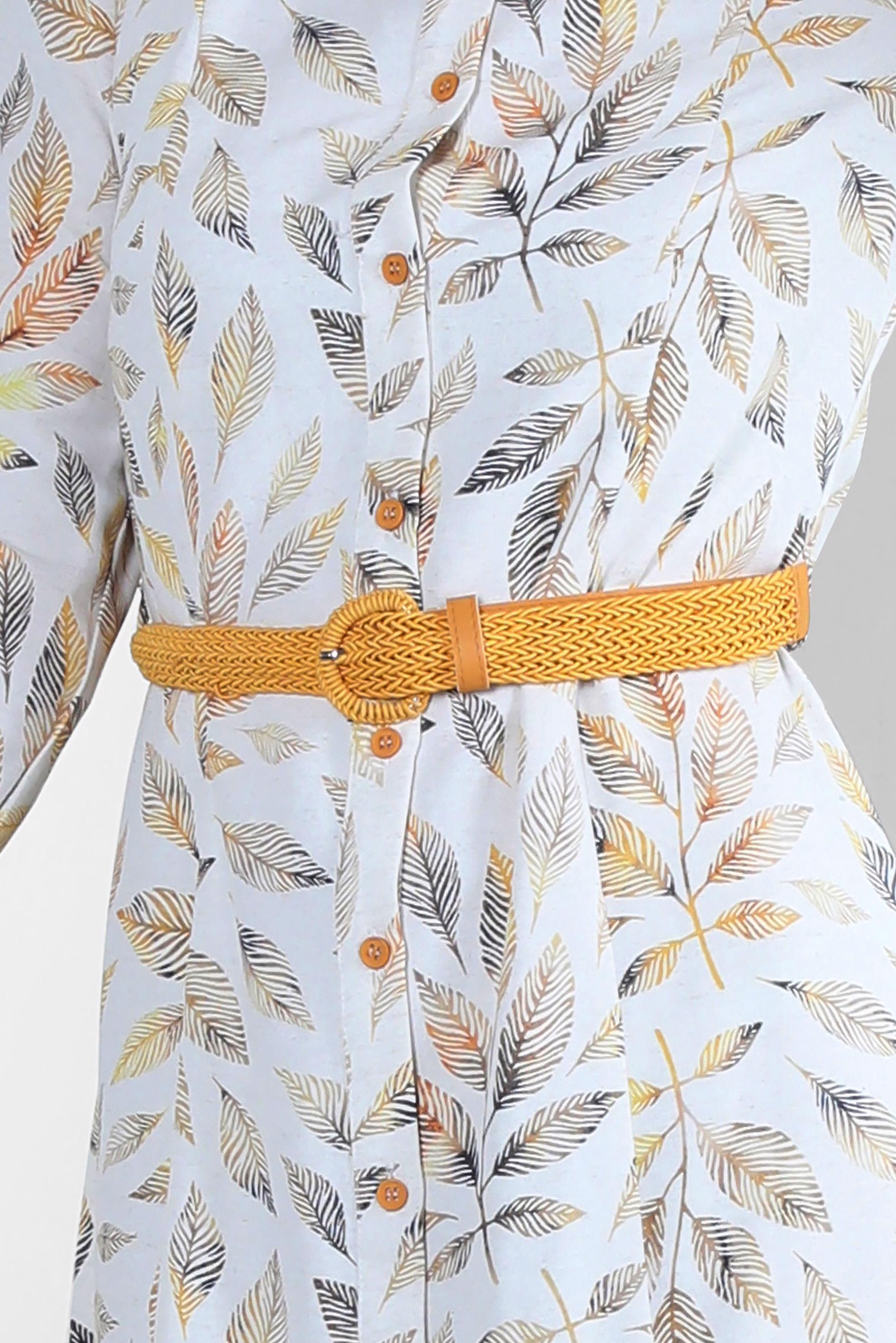 Tesettür giyim SARI YAPRAK DESENLİ DÜĞMELİ KEMERLİ ELBİSE 43750