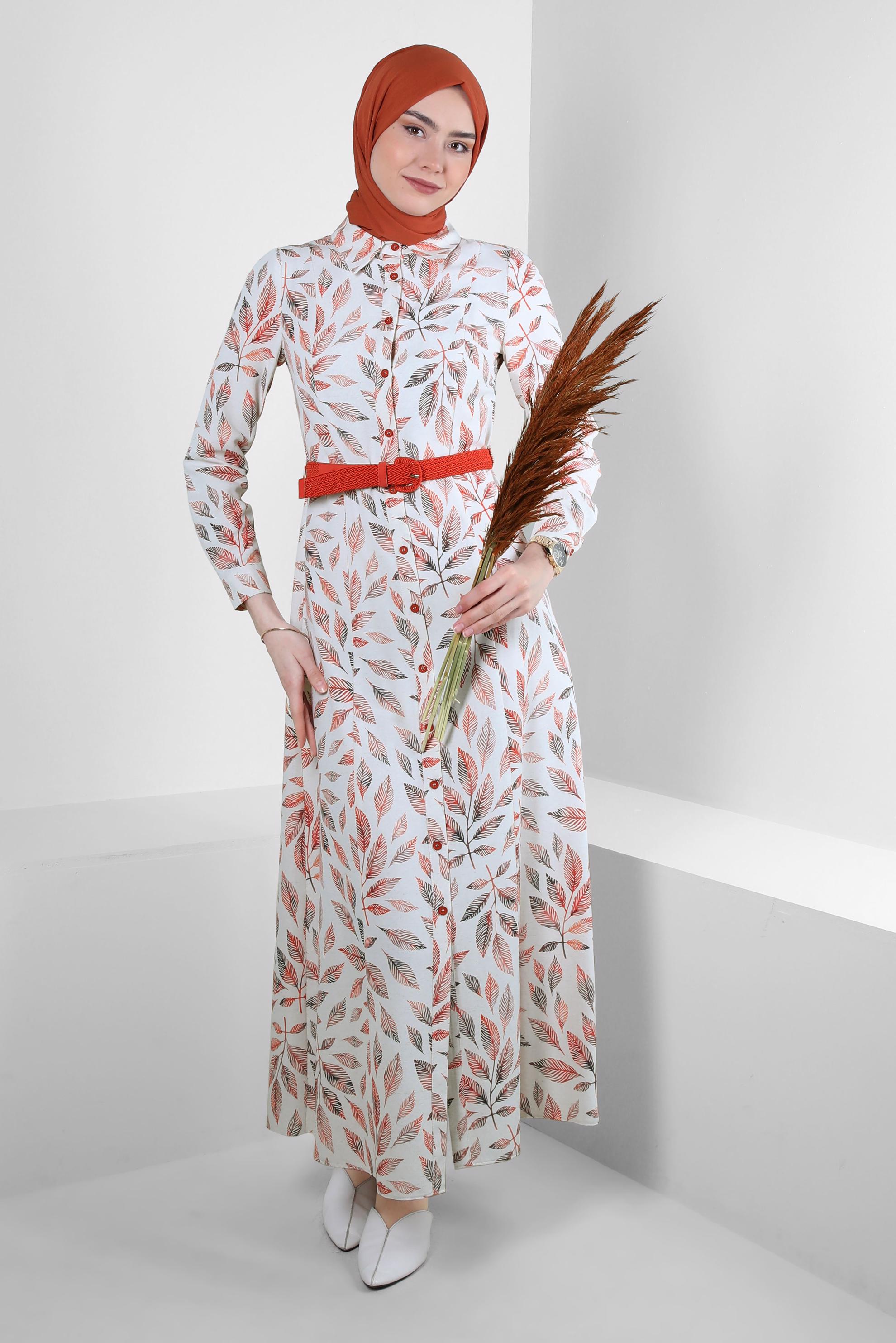 Tesettür giyim TURUNCU YAPRAK DESENLİ DÜĞMELİ KEMERLİ ELBİSE 43750