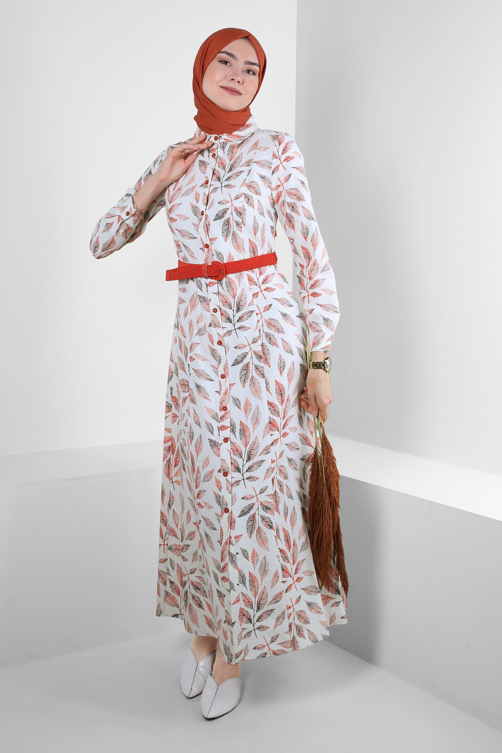 Tesettür giyim TURUNCU YAPRAK DESENLİ DÜĞMELİ KEMERLİ ELBİSE 43750