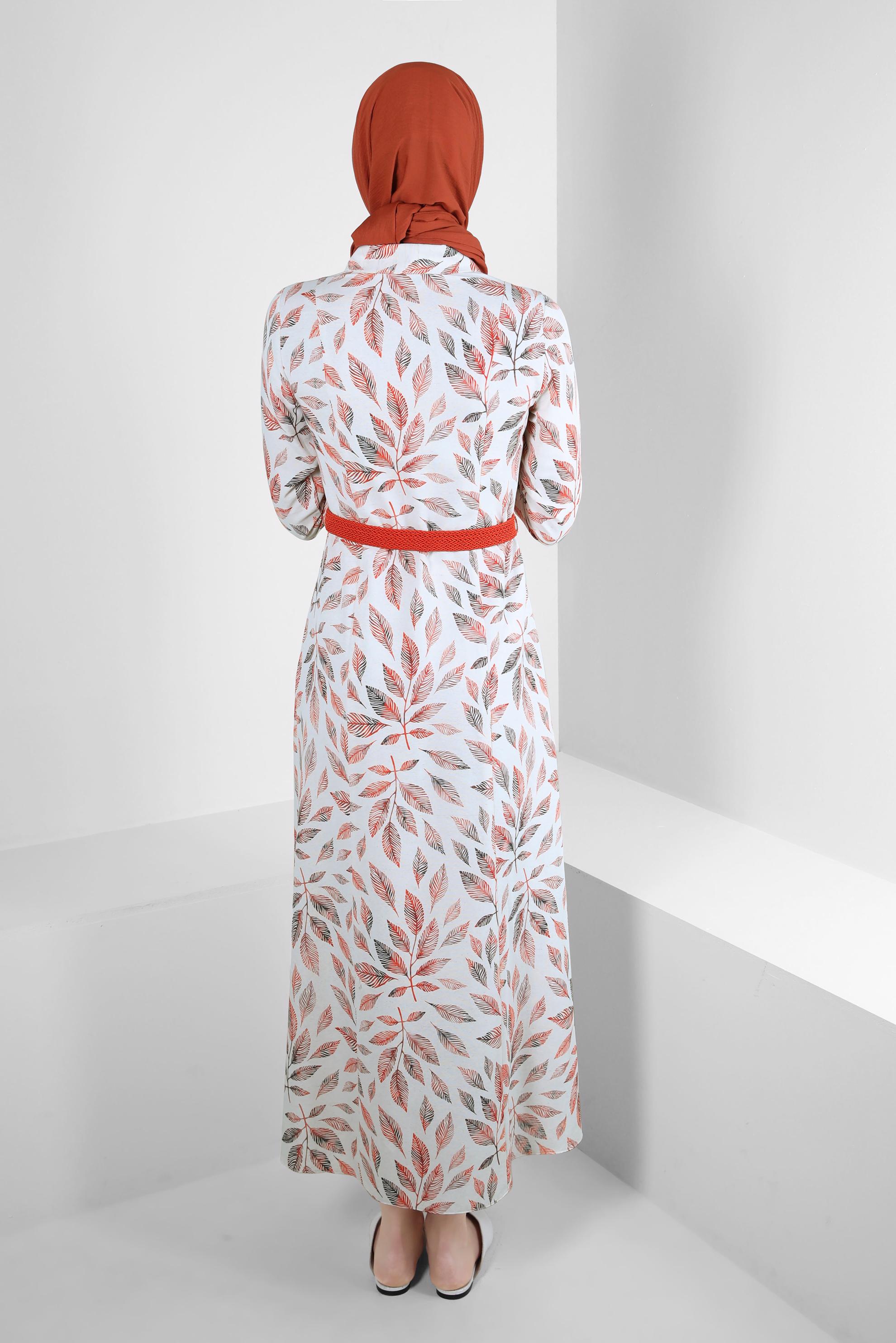 Tesettür giyim TURUNCU YAPRAK DESENLİ DÜĞMELİ KEMERLİ ELBİSE 43750