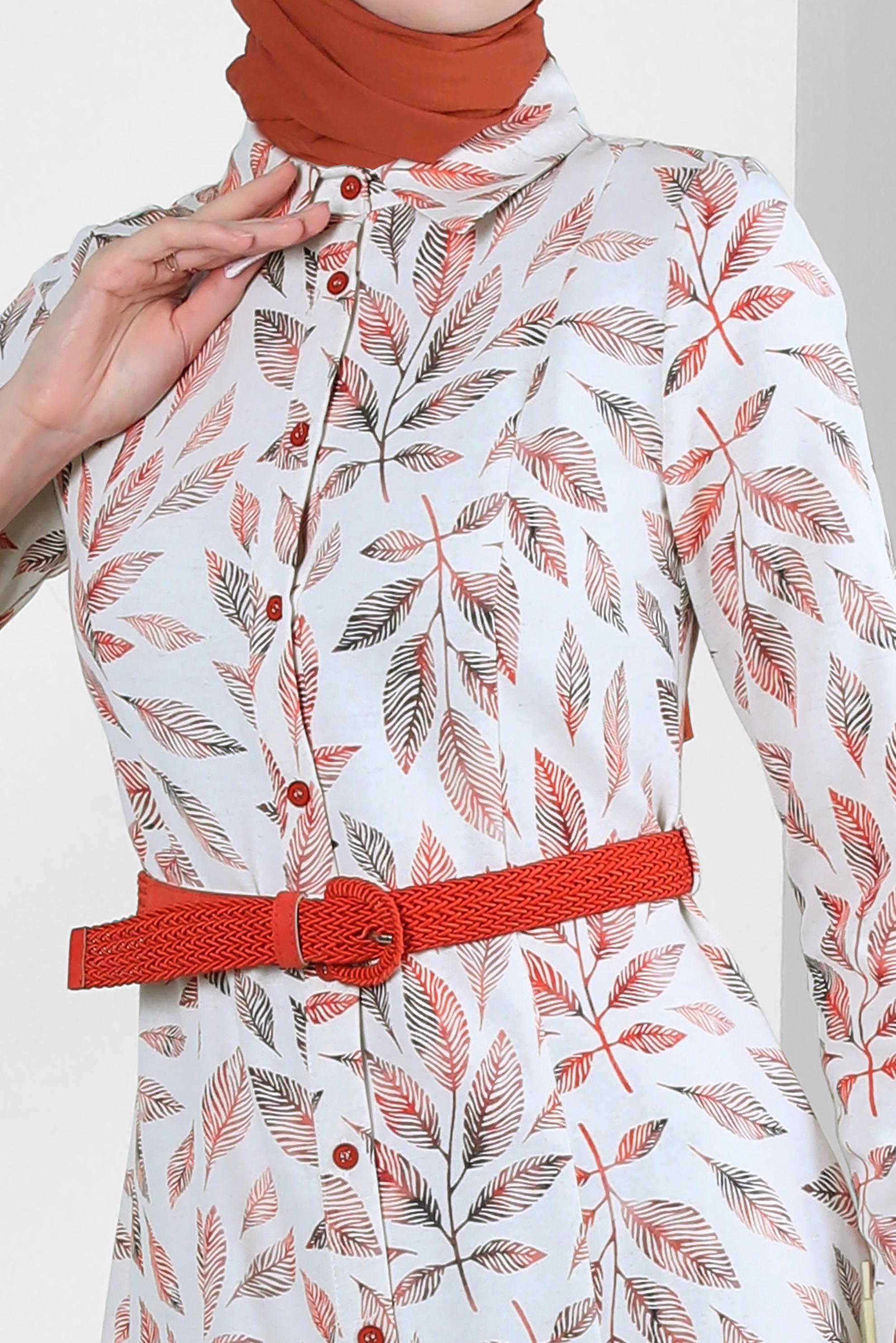 Tesettür giyim TURUNCU YAPRAK DESENLİ DÜĞMELİ KEMERLİ ELBİSE 43750