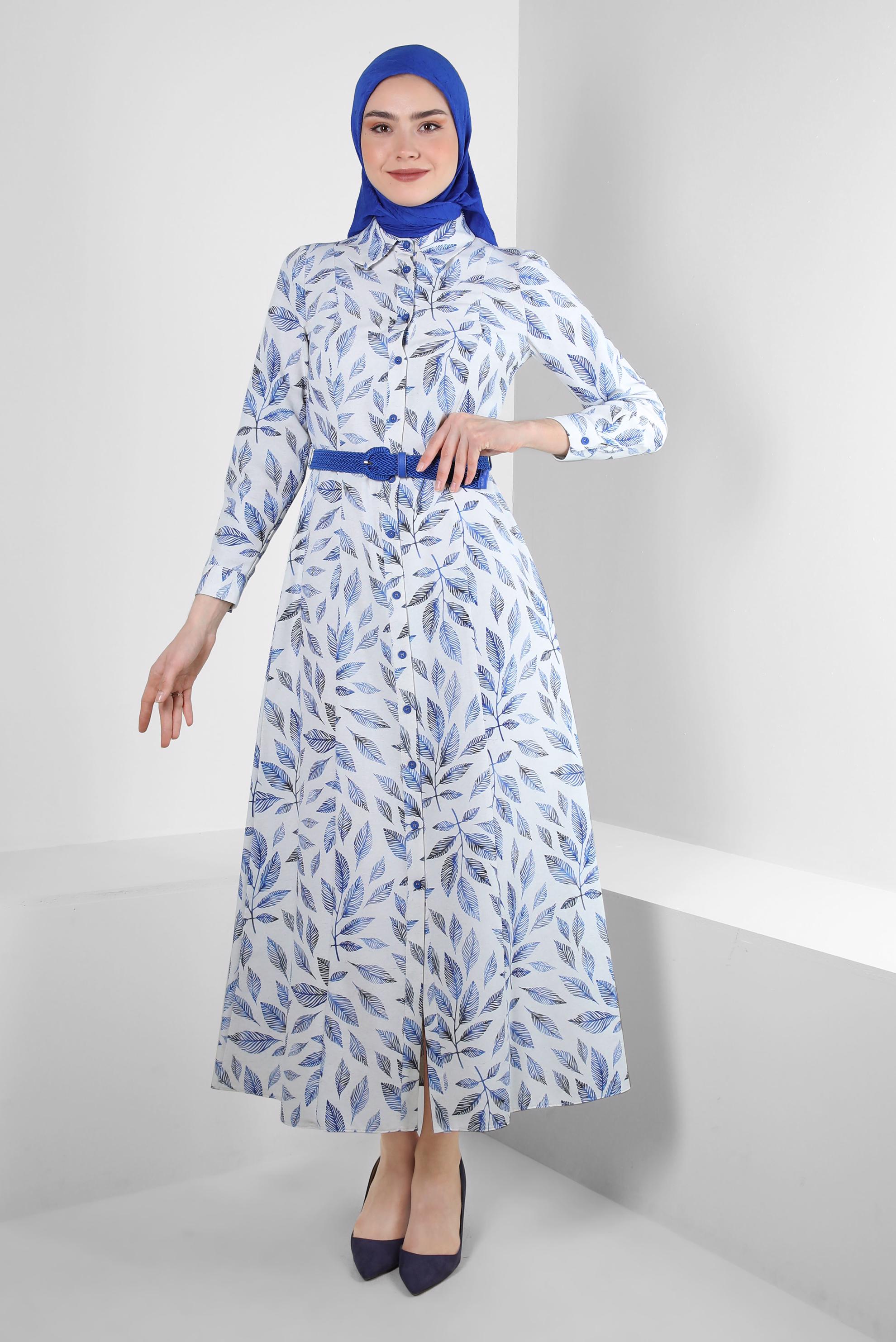 Tesettür giyim LACİVERT YAPRAK DESENLİ DÜĞMELİ KEMERLİ ELBİSE 43750