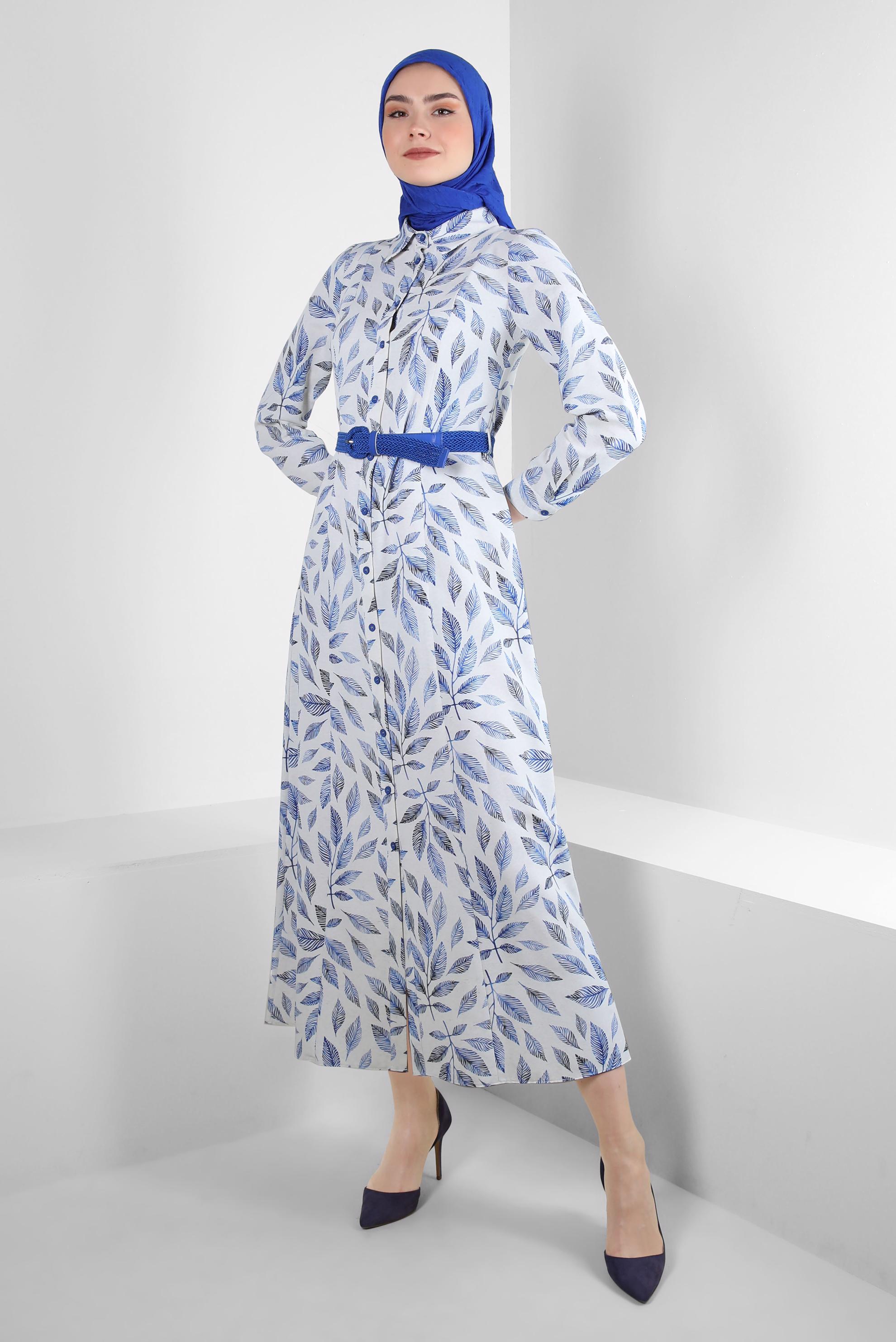 Tesettür giyim LACİVERT YAPRAK DESENLİ DÜĞMELİ KEMERLİ ELBİSE 43750