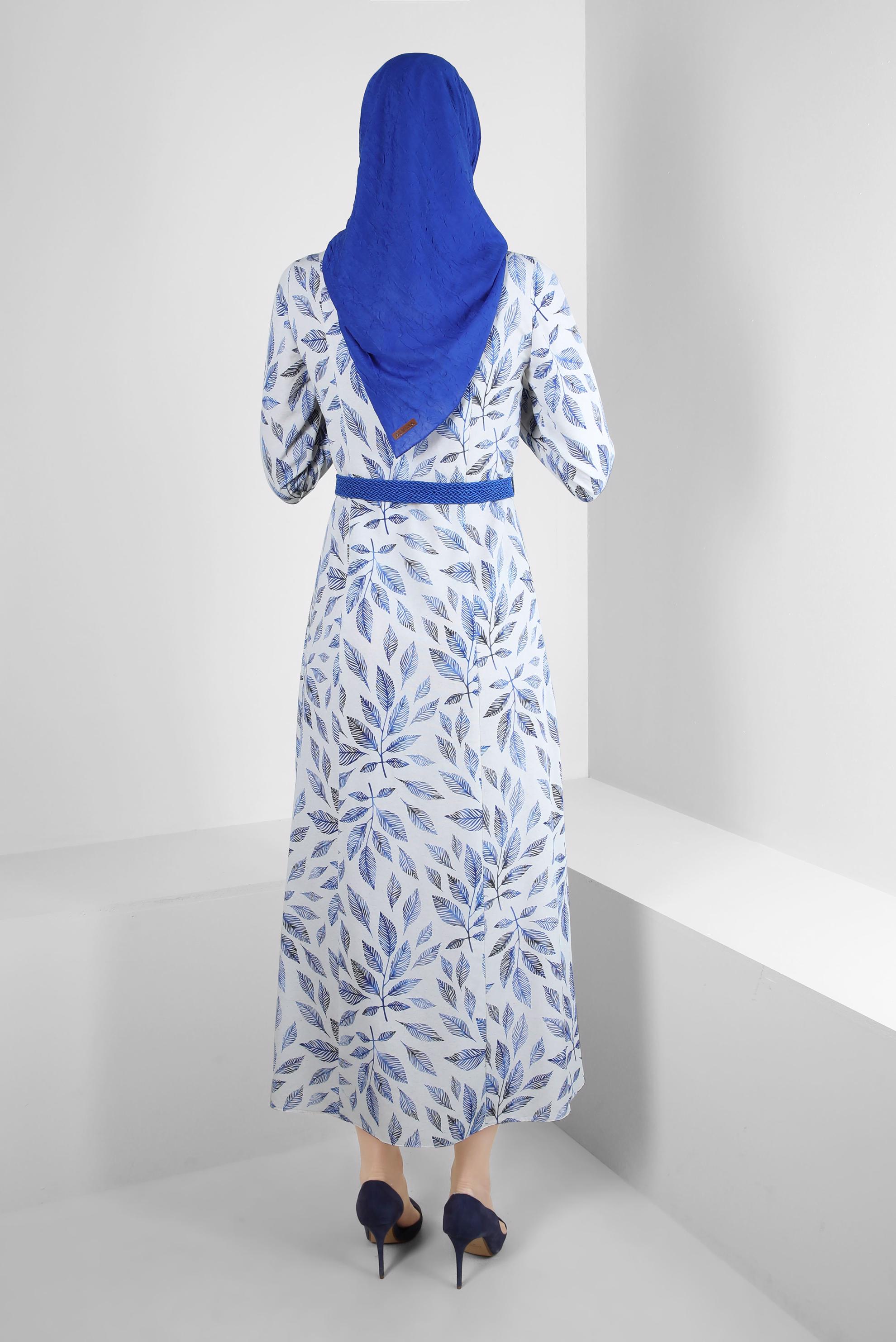 Tesettür giyim LACİVERT YAPRAK DESENLİ DÜĞMELİ KEMERLİ ELBİSE 43750