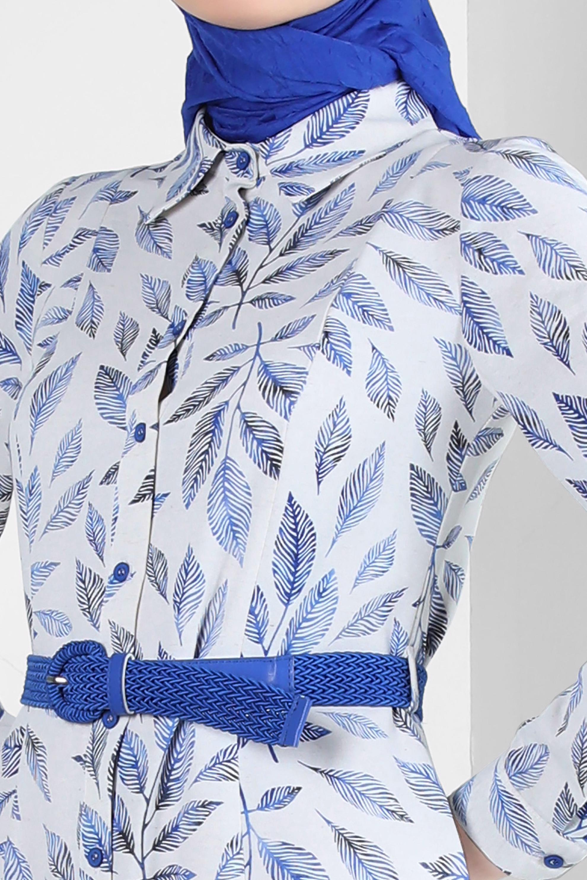 Tesettür giyim LACİVERT YAPRAK DESENLİ DÜĞMELİ KEMERLİ ELBİSE 43750