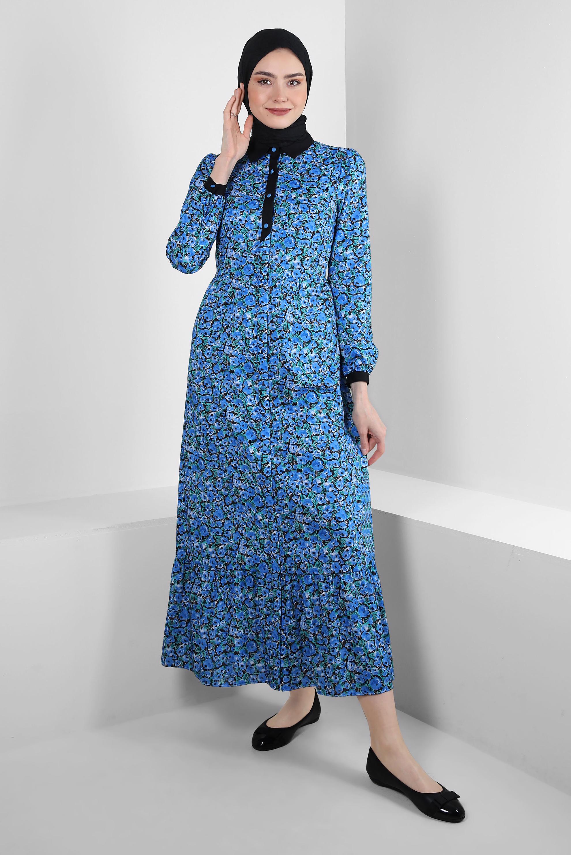 Tesettür giyim MAVİ ÇİÇEK DESENLİ DÜĞMELİ ELBİSE 43752