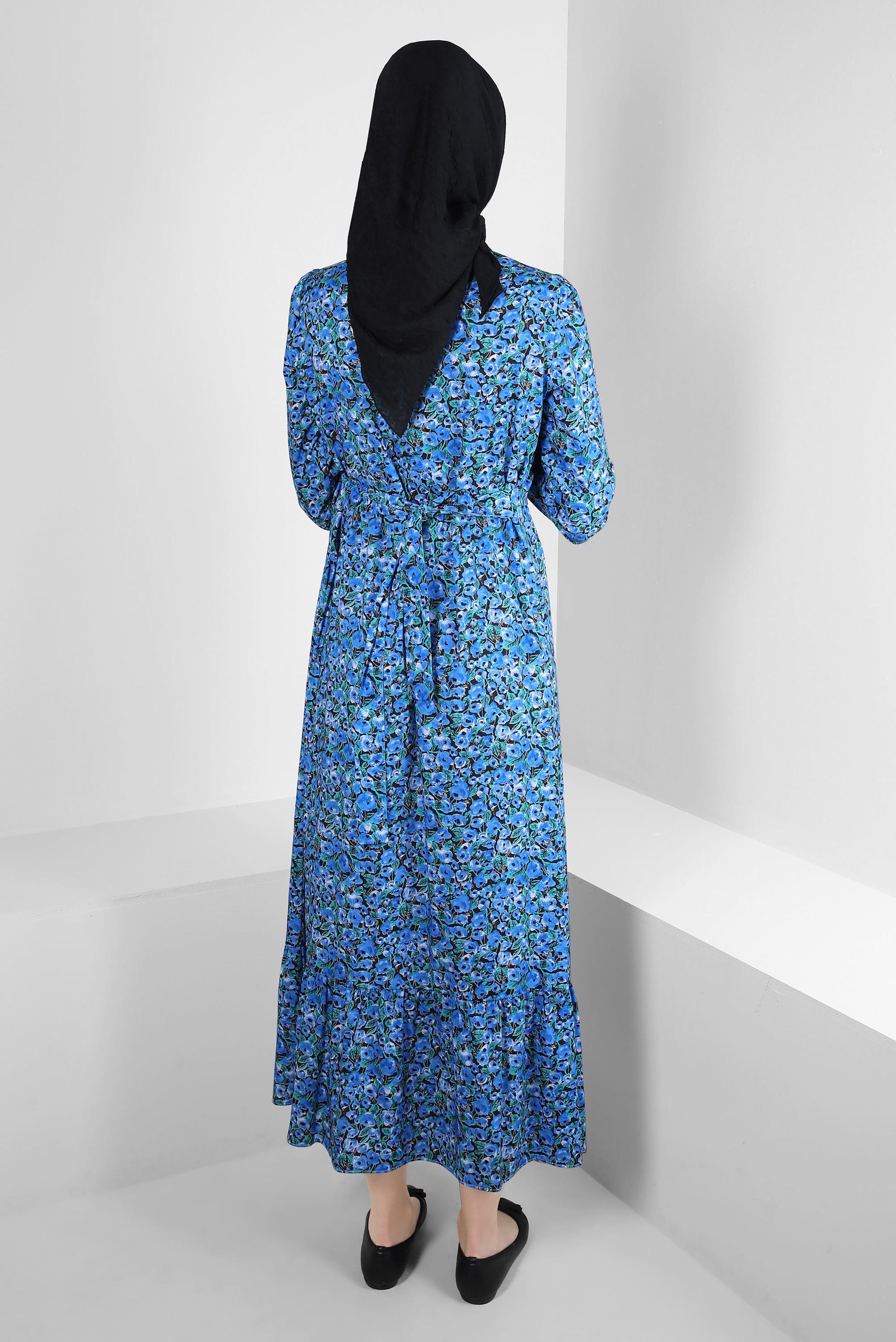 Tesettür giyim MAVİ ÇİÇEK DESENLİ DÜĞMELİ ELBİSE 43752