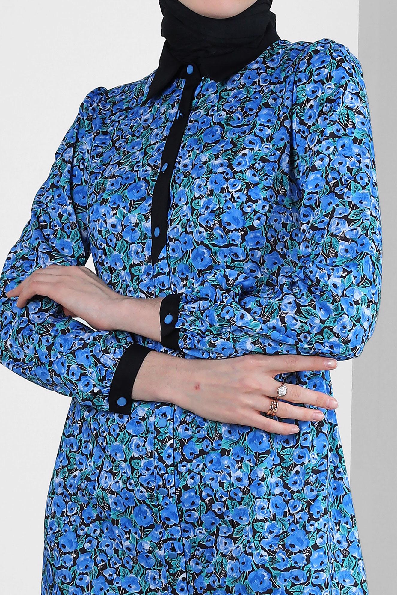 Tesettür giyim MAVİ ÇİÇEK DESENLİ DÜĞMELİ ELBİSE 43752
