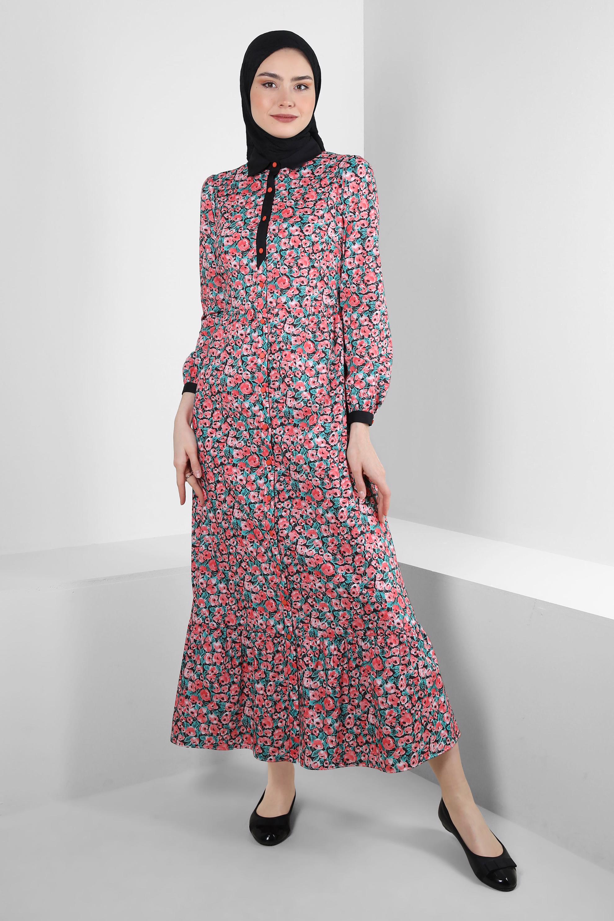Tesettür giyim MERCAN ÇİÇEK DESENLİ DÜĞMELİ ELBİSE 43752