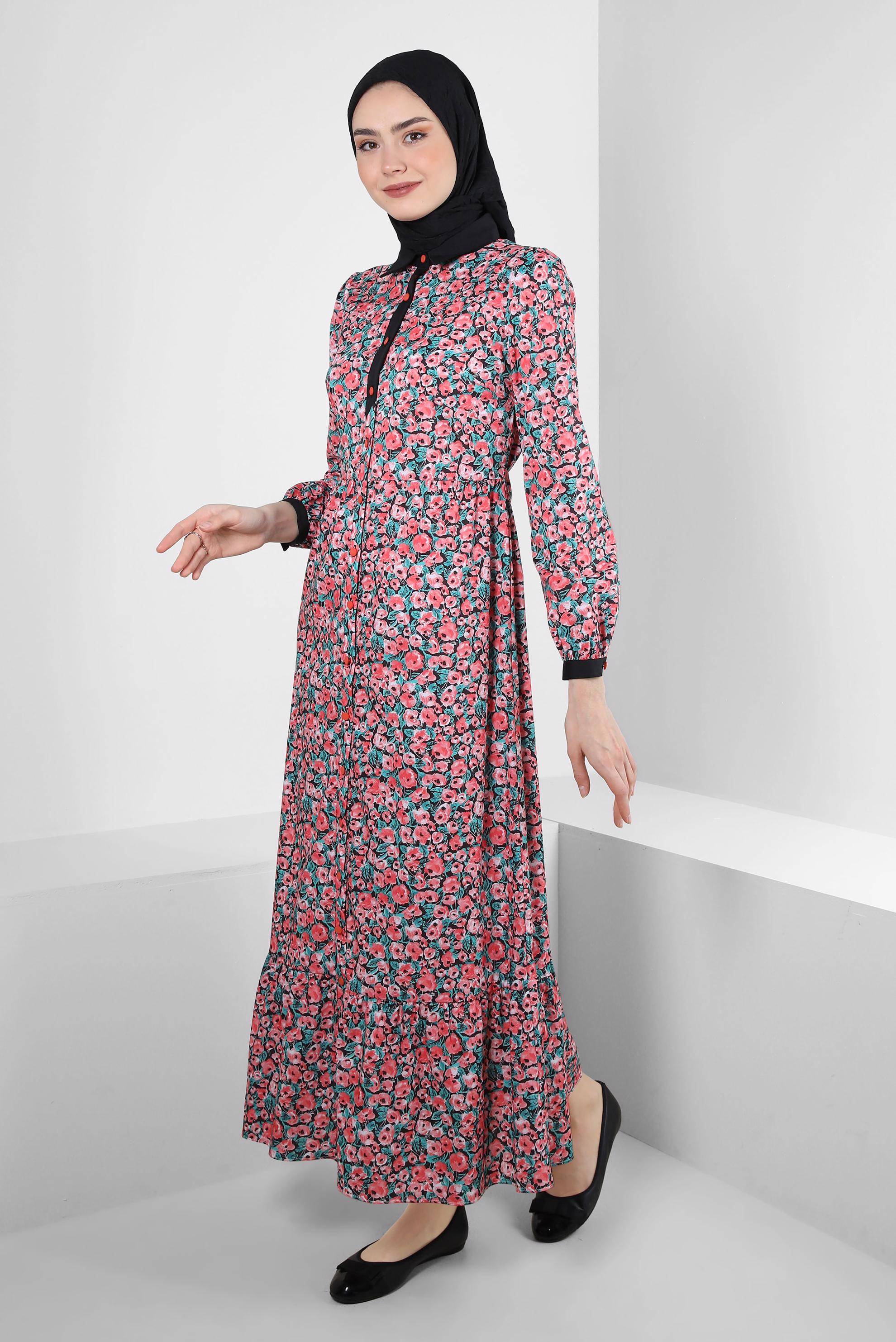 Tesettür giyim MERCAN ÇİÇEK DESENLİ DÜĞMELİ ELBİSE 43752