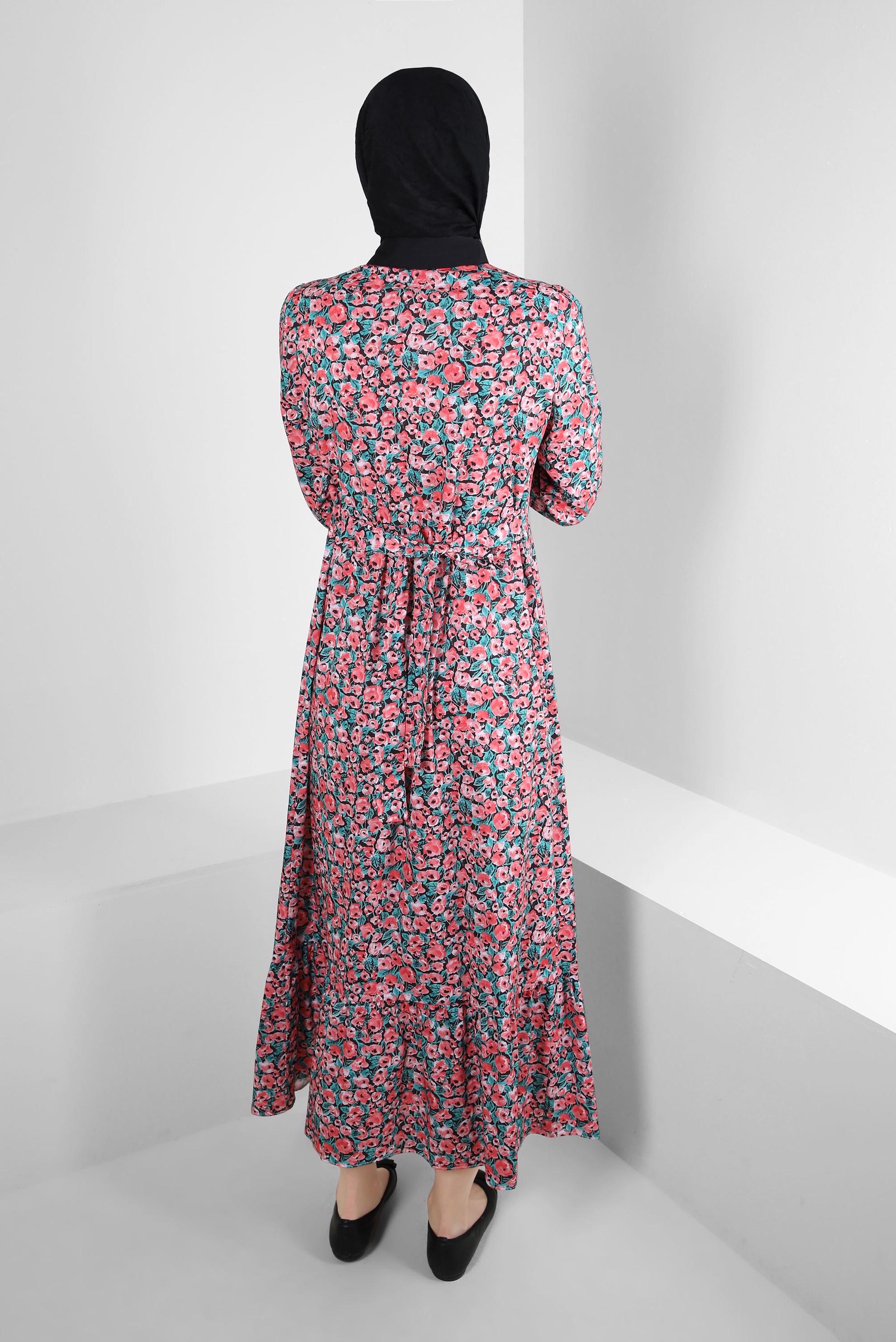 Tesettür giyim MERCAN ÇİÇEK DESENLİ DÜĞMELİ ELBİSE 43752