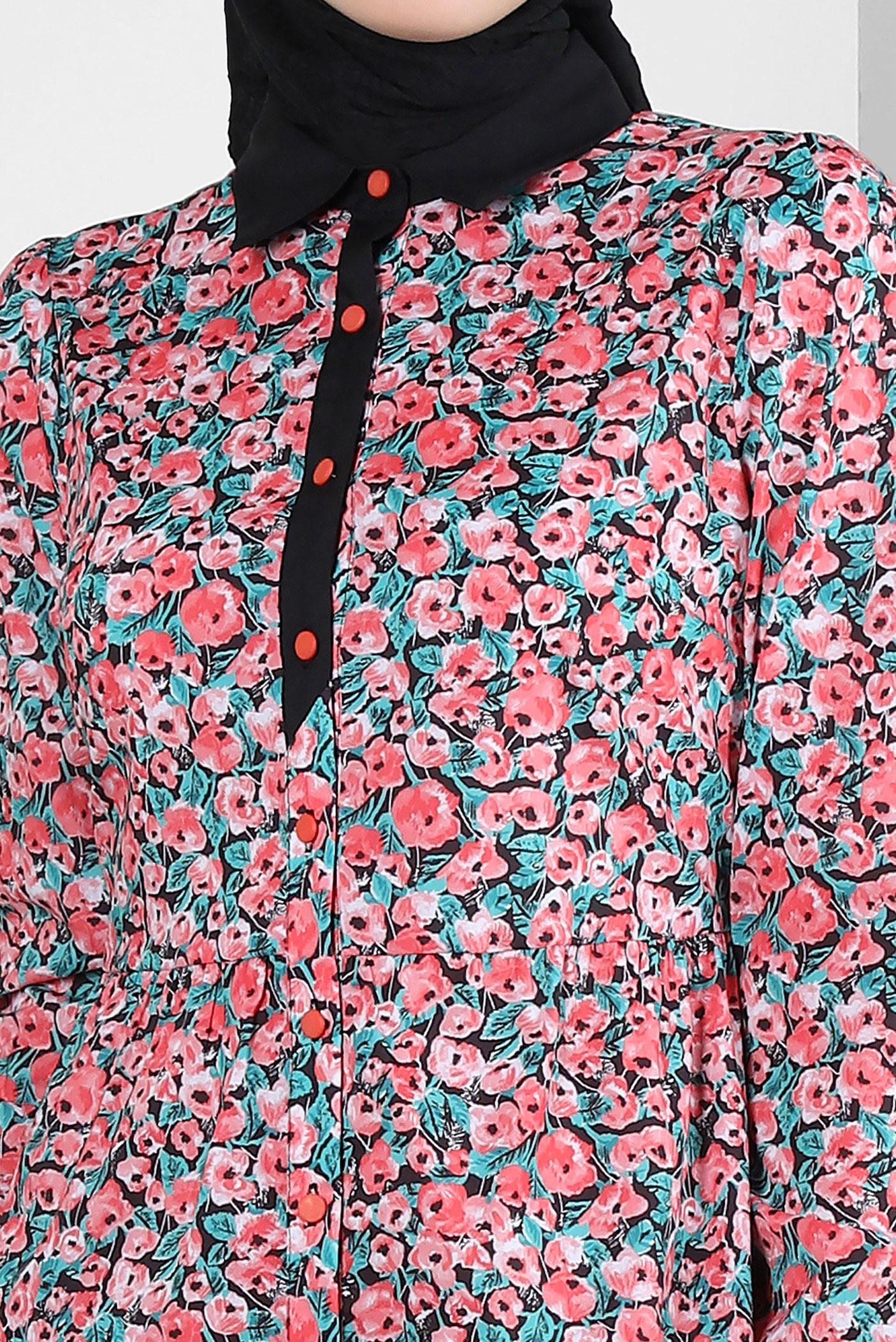 Tesettür giyim MERCAN ÇİÇEK DESENLİ DÜĞMELİ ELBİSE 43752