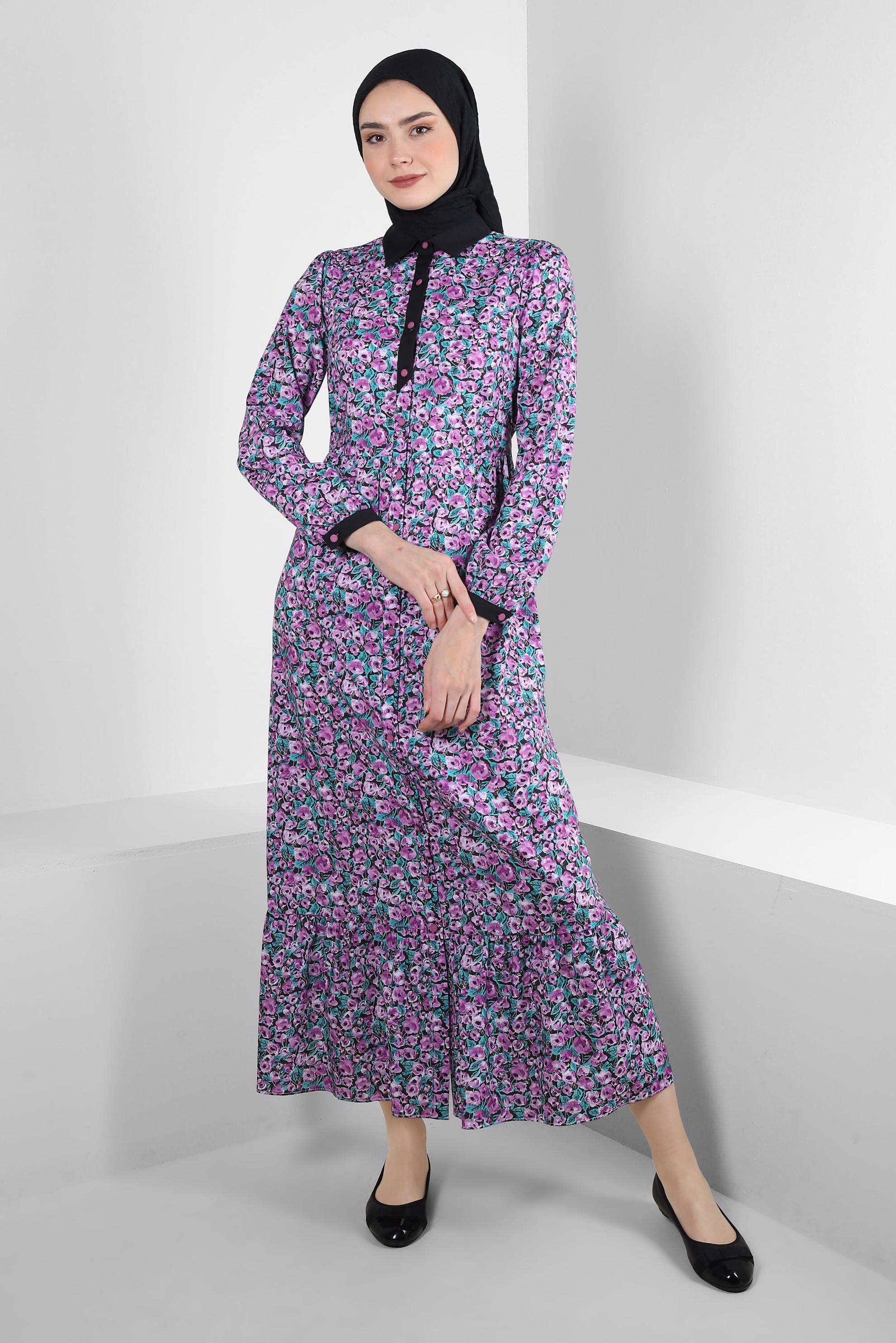 Tesettür giyim MOR ÇİÇEK DESENLİ DÜĞMELİ ELBİSE 43752