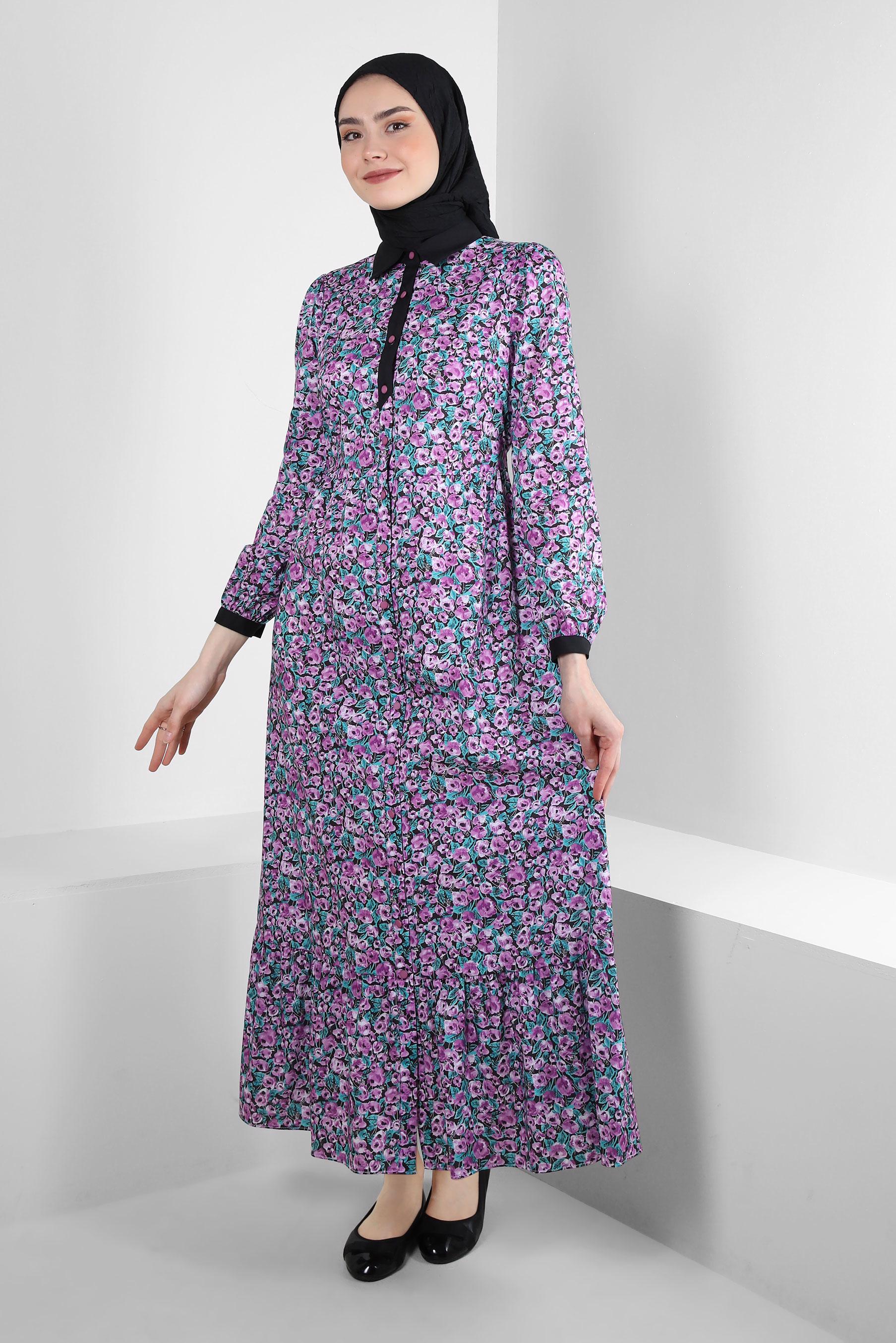 Tesettür giyim MOR ÇİÇEK DESENLİ DÜĞMELİ ELBİSE 43752
