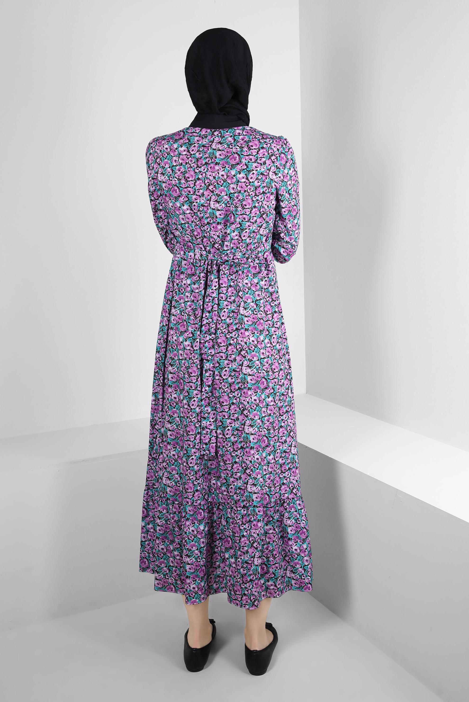 Tesettür giyim MOR ÇİÇEK DESENLİ DÜĞMELİ ELBİSE 43752