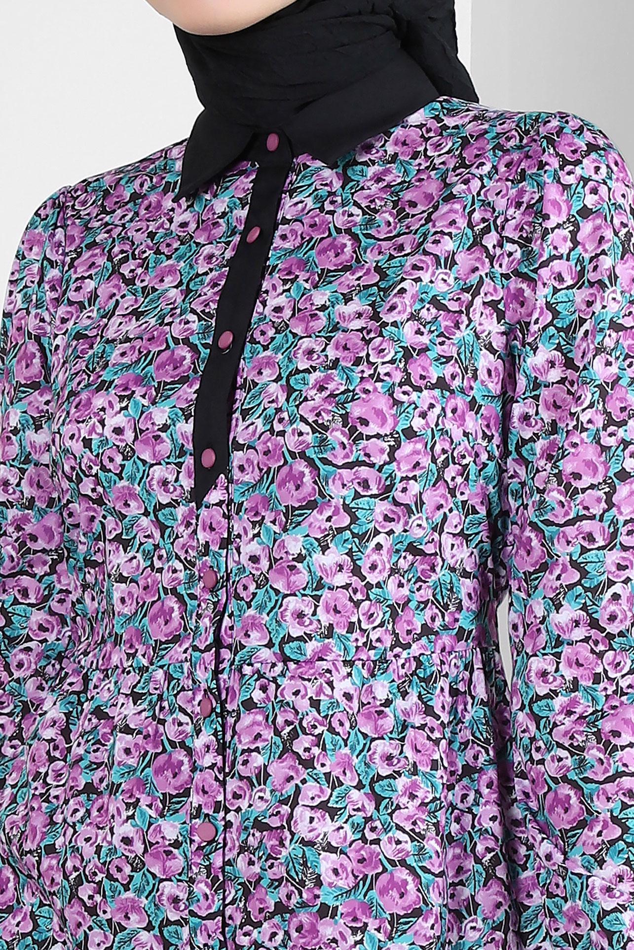 Tesettür giyim MOR ÇİÇEK DESENLİ DÜĞMELİ ELBİSE 43752