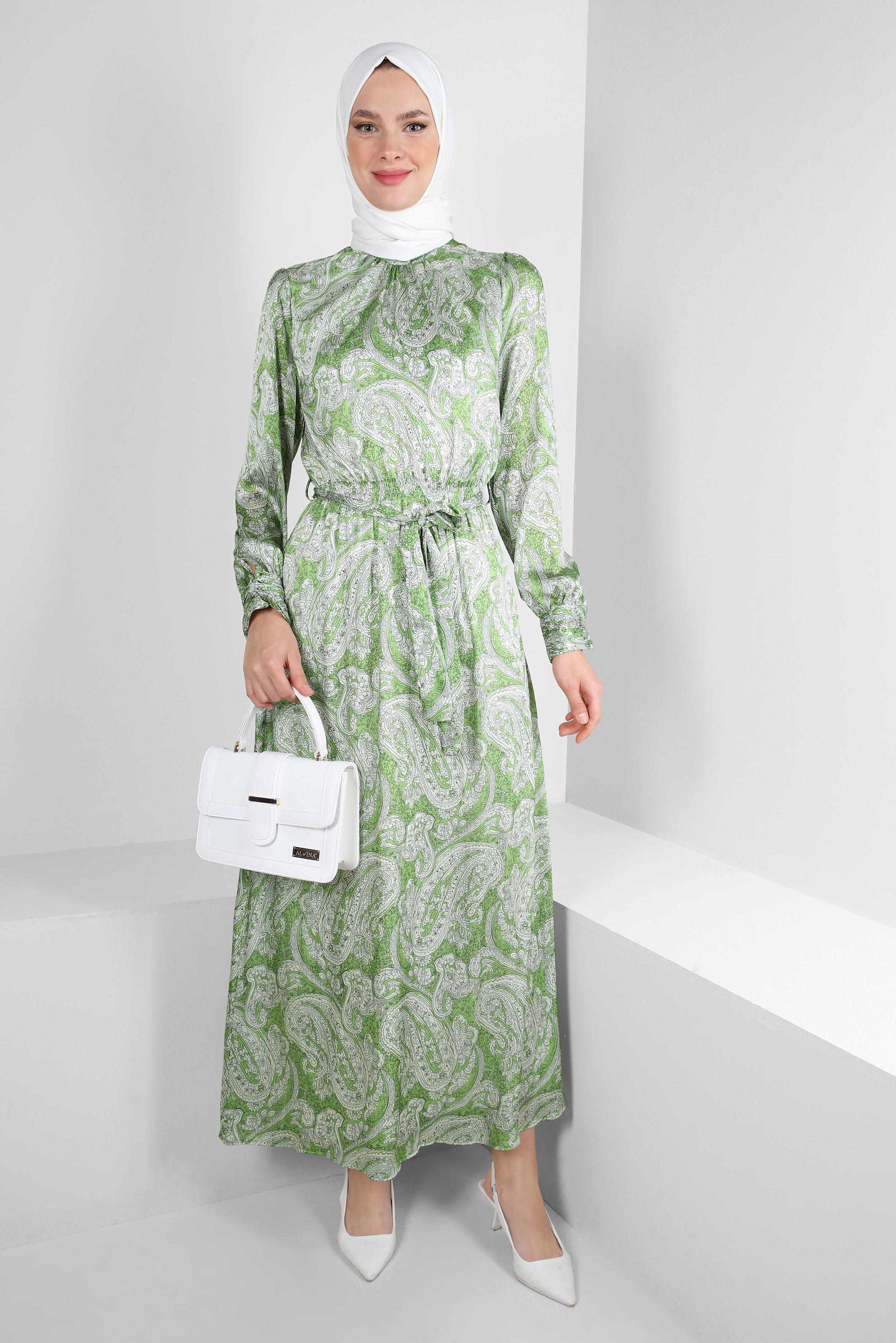 Tesettür giyim YEŞİL ETNİK DESENLİ KUŞAKLI ELBİSE 43753	