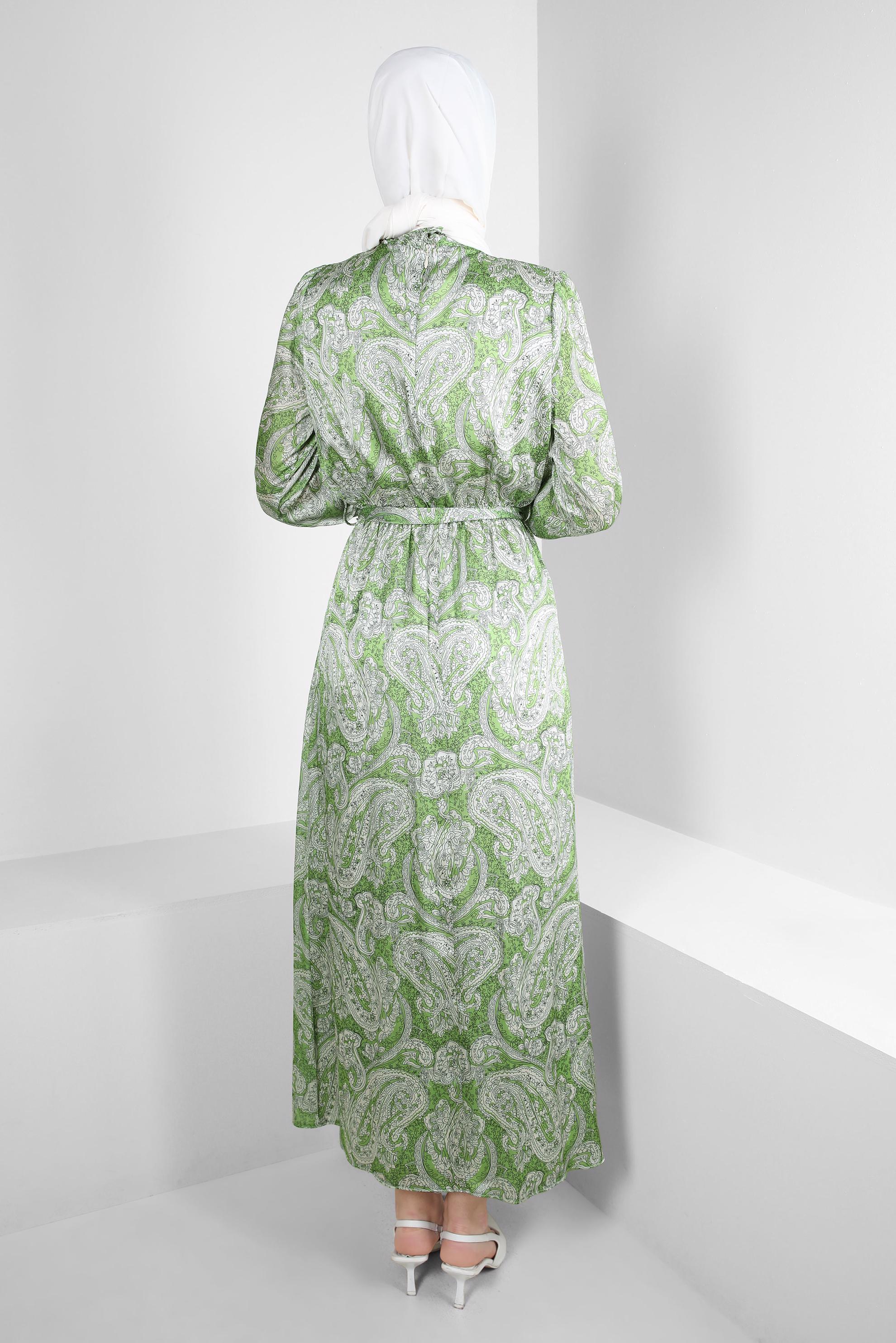 Tesettür giyim YEŞİL ETNİK DESENLİ KUŞAKLI ELBİSE 43753	