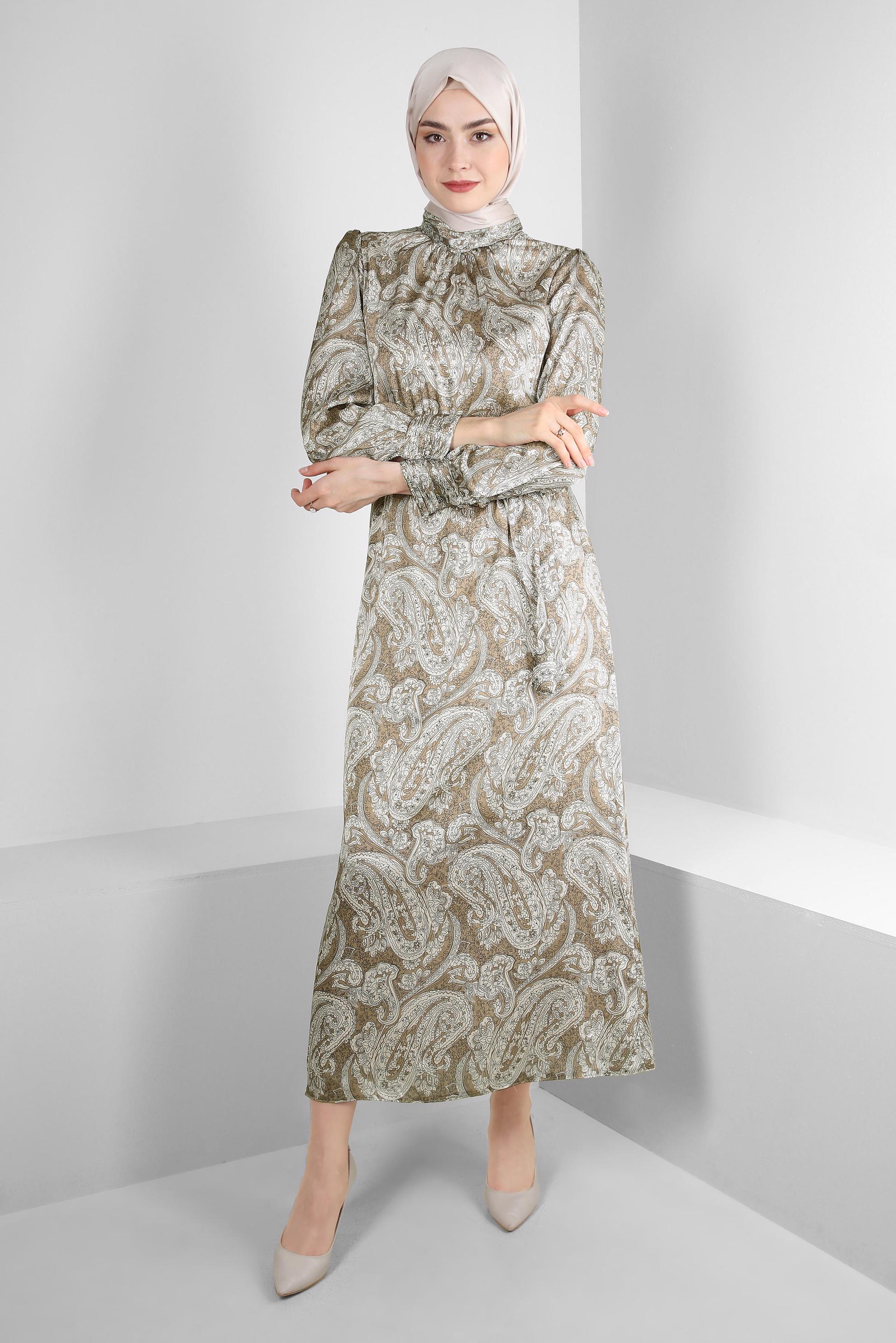 Tesettür giyim VİZON ETNİK DESENLİ KUŞAKLI ELBİSE 43753	