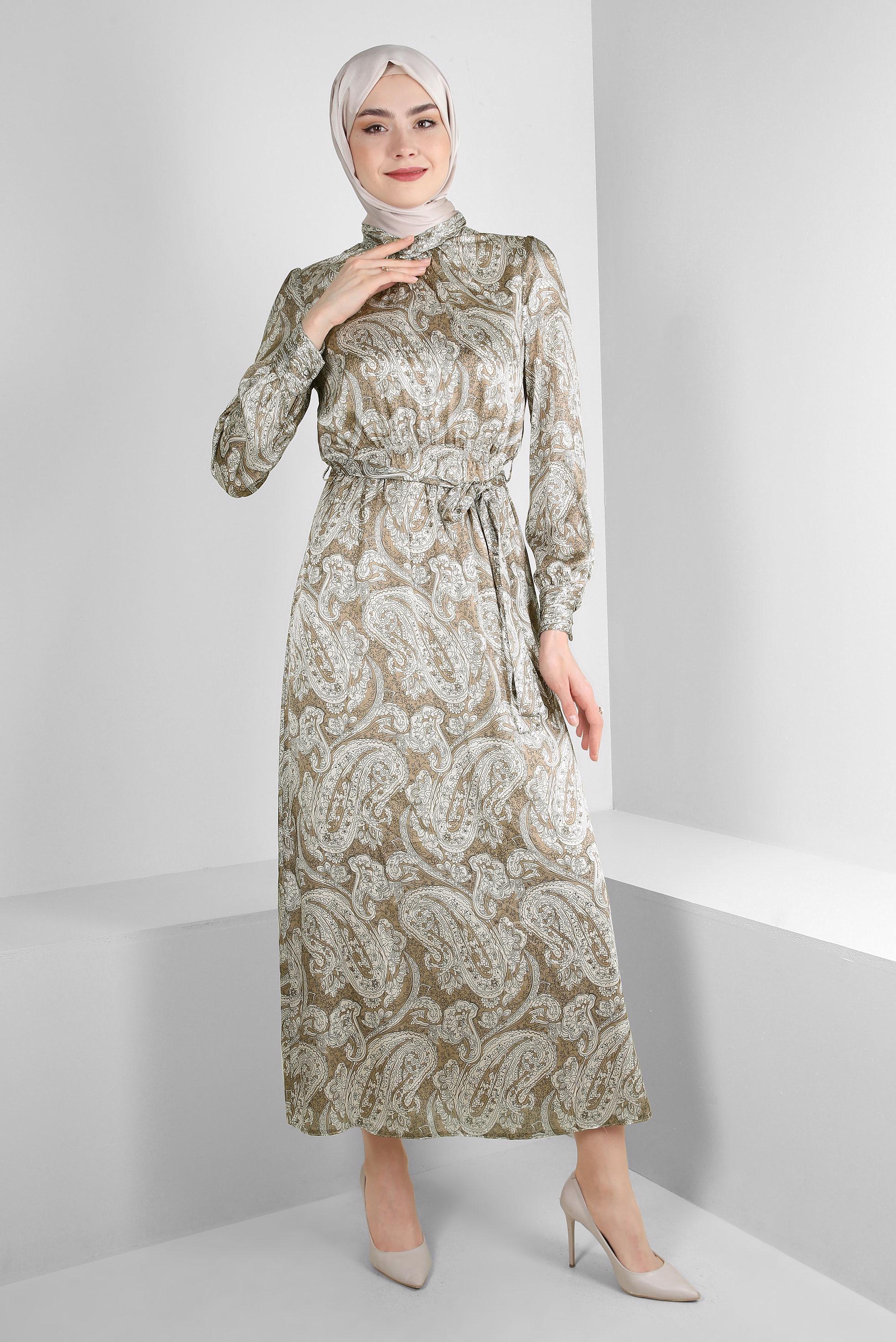 Tesettür giyim VİZON ETNİK DESENLİ KUŞAKLI ELBİSE 43753	