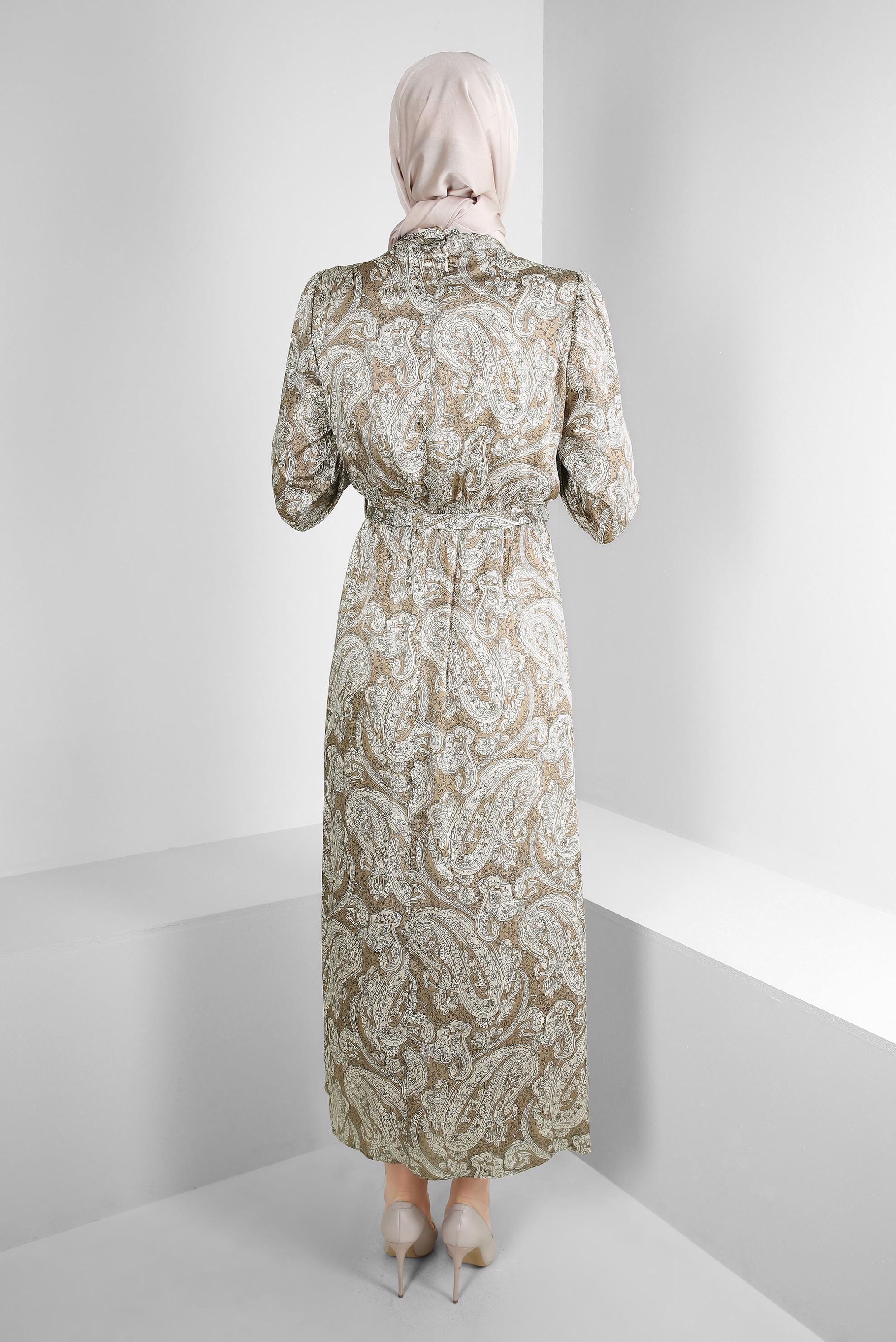 Tesettür giyim VİZON ETNİK DESENLİ KUŞAKLI ELBİSE 43753	