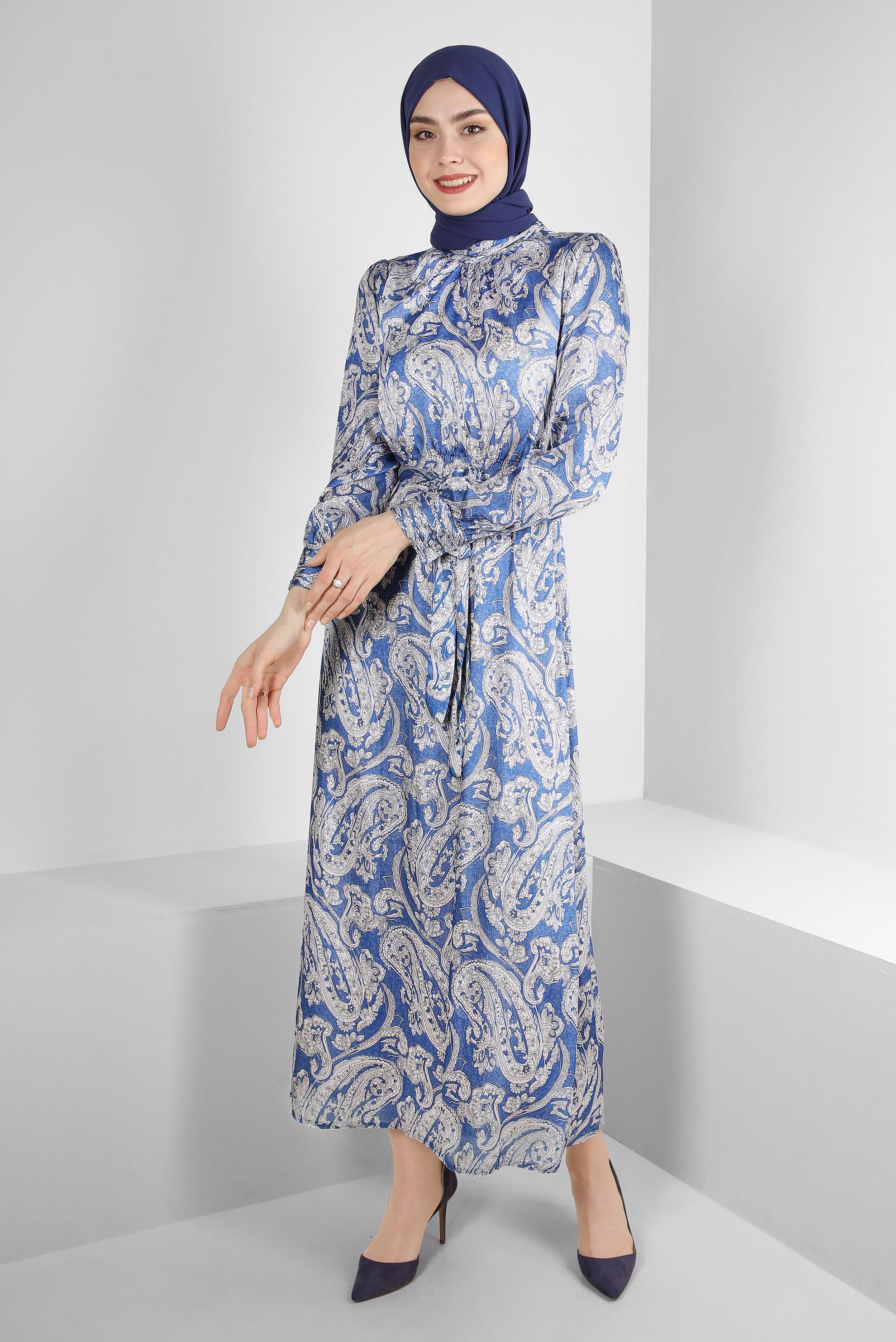 Tesettür giyim LACİVERT ETNİK DESENLİ KUŞAKLI ELBİSE 43753	
