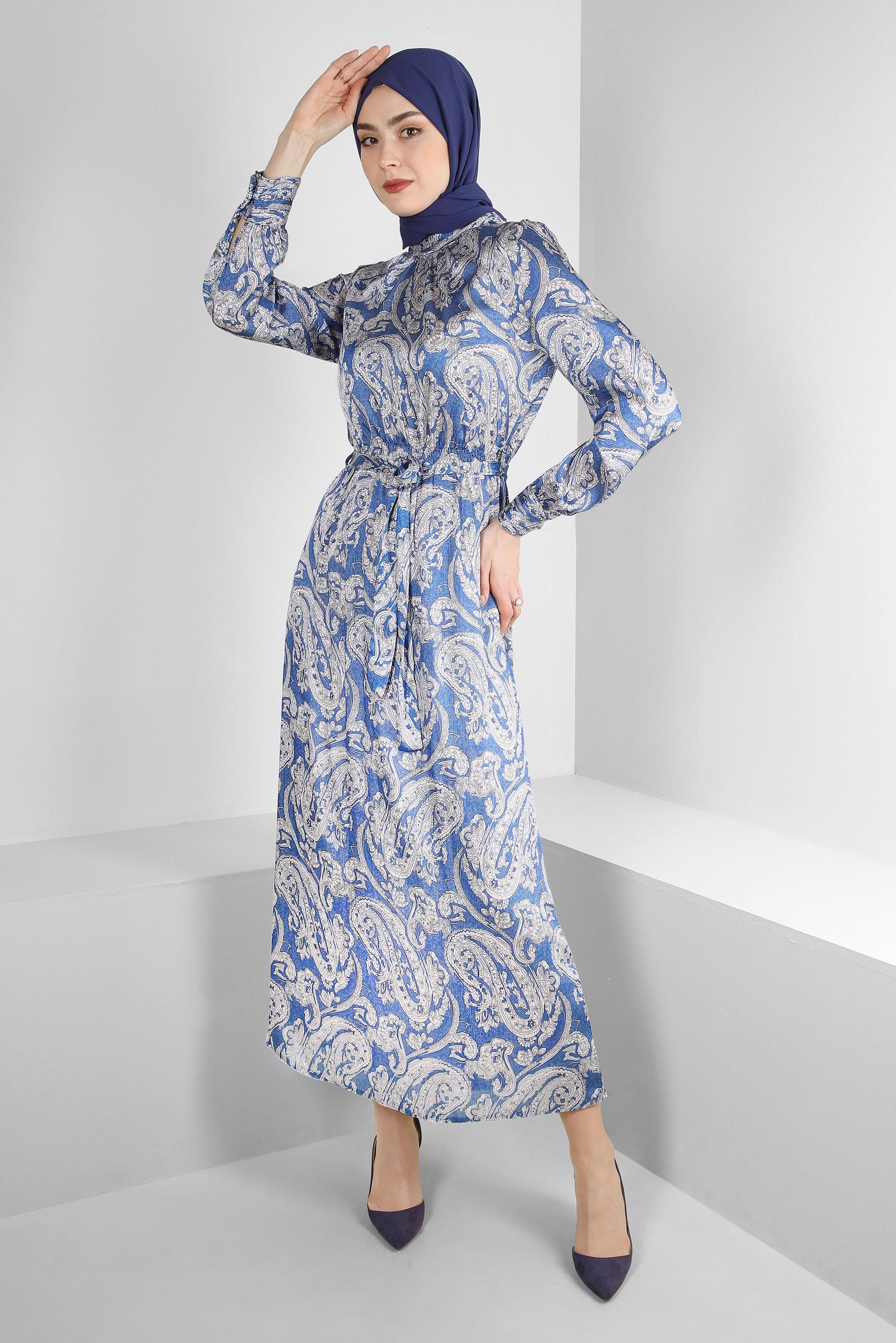 Tesettür giyim LACİVERT ETNİK DESENLİ KUŞAKLI ELBİSE 43753	