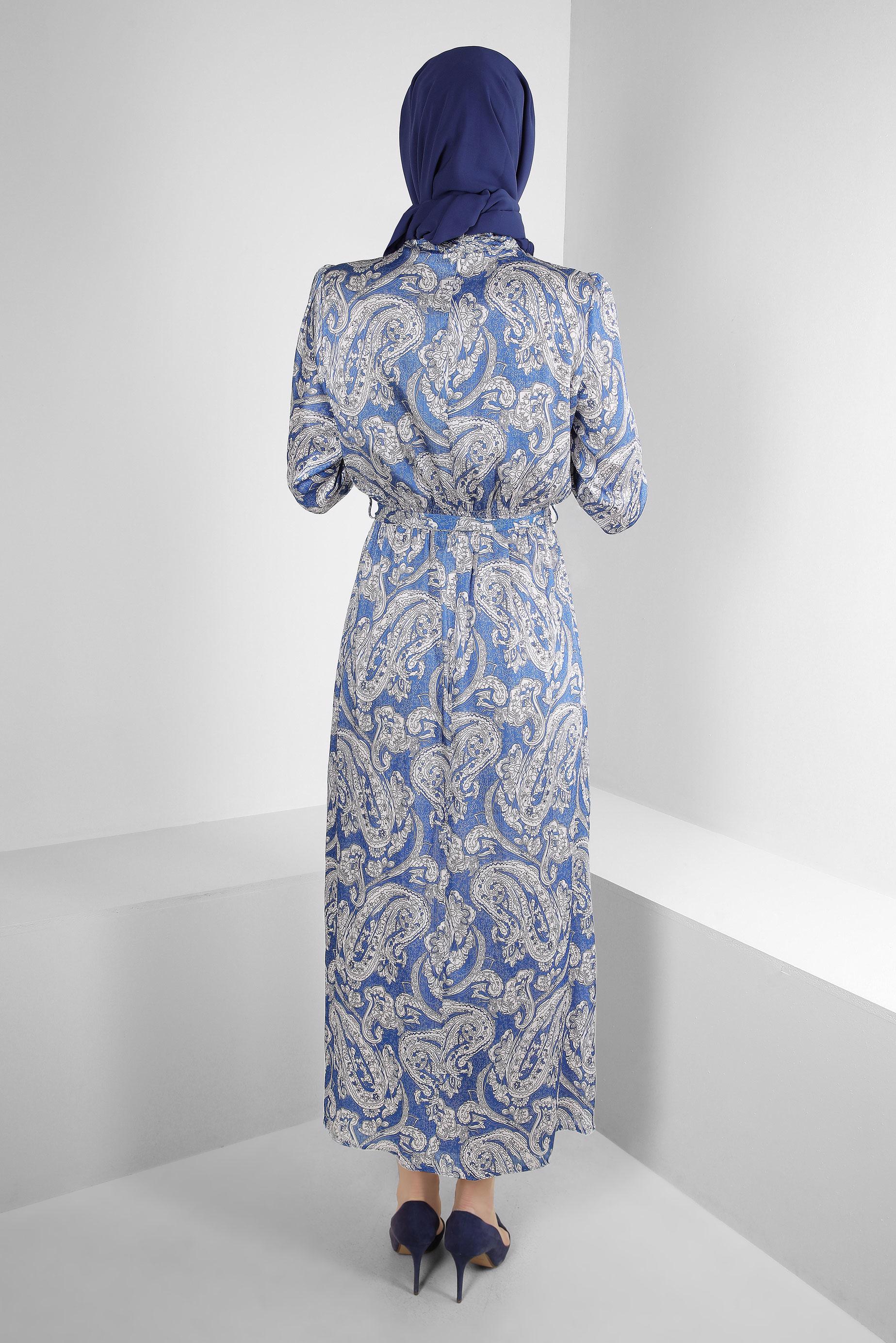 Tesettür giyim LACİVERT ETNİK DESENLİ KUŞAKLI ELBİSE 43753	