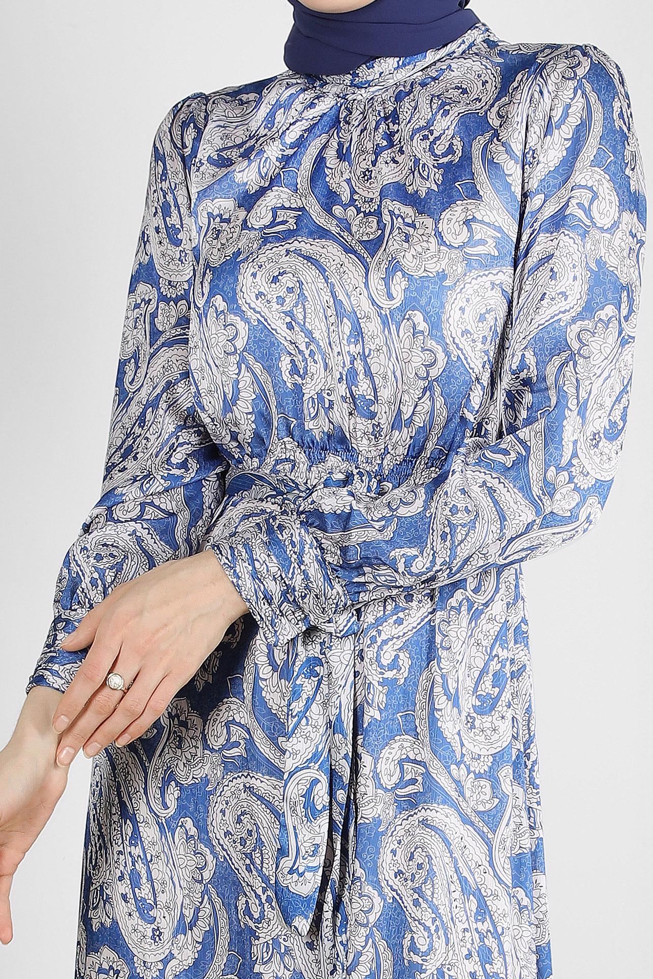 Tesettür giyim LACİVERT ETNİK DESENLİ KUŞAKLI ELBİSE 43753	