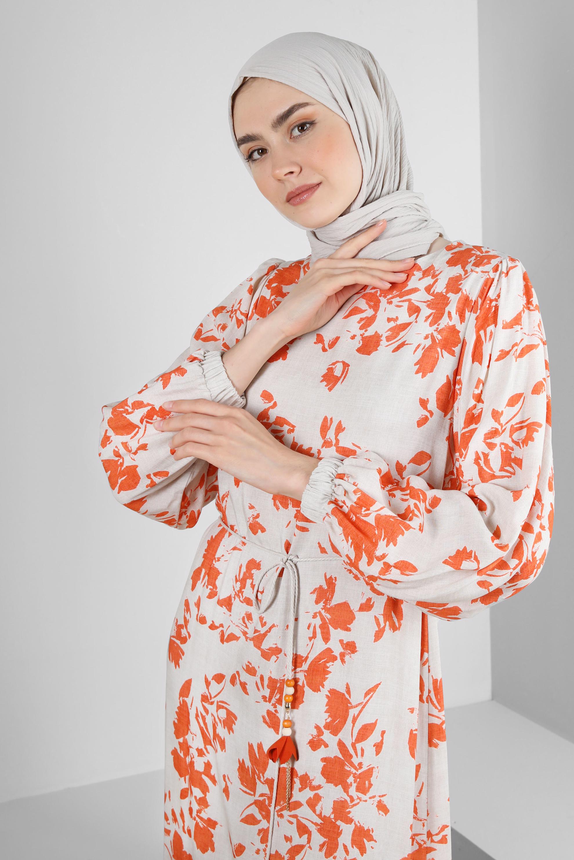 Tesettür giyim TURUNCU DESENLİ YARASA KOL ELBİSE 43754