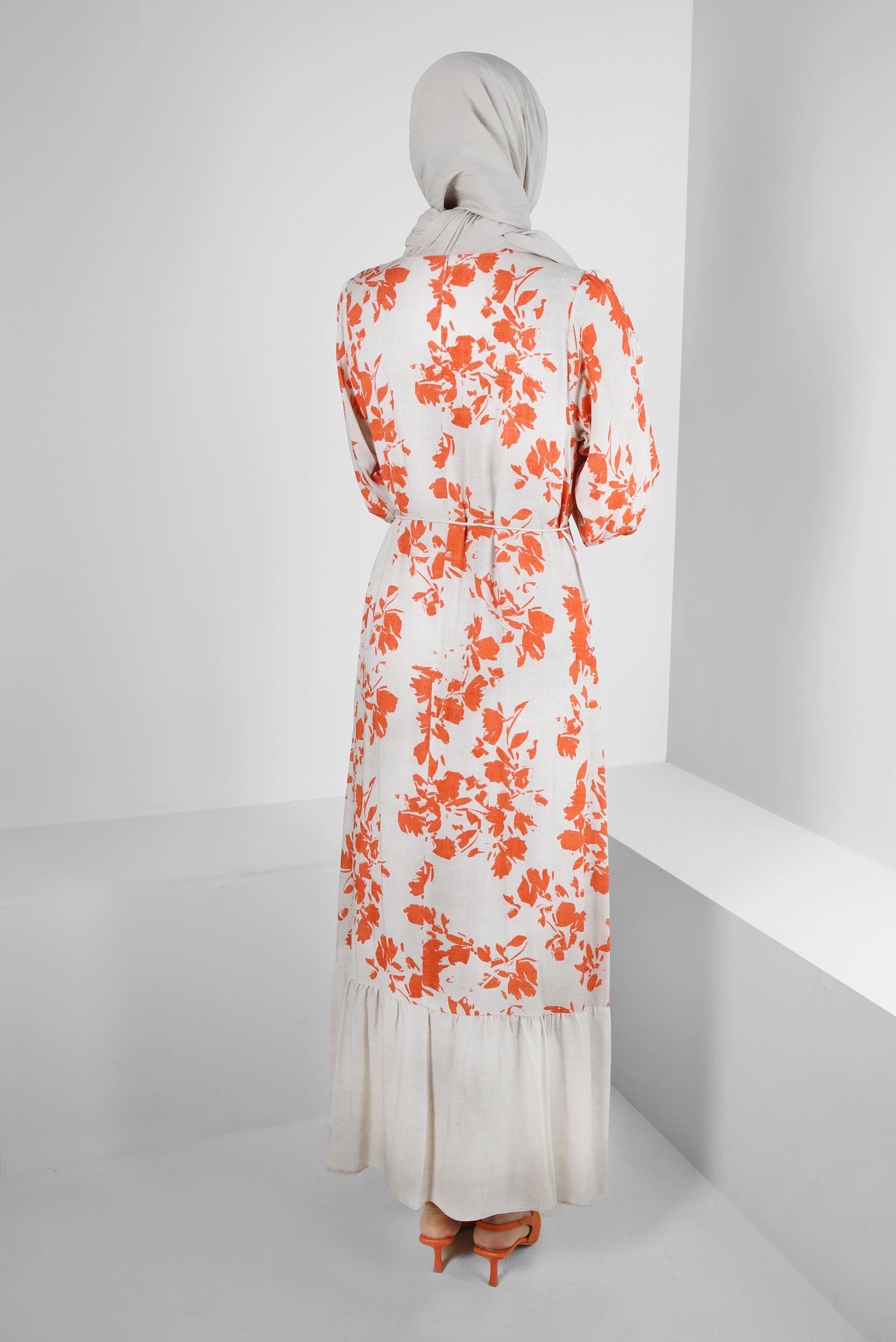 Tesettür giyim TURUNCU DESENLİ YARASA KOL ELBİSE 43754