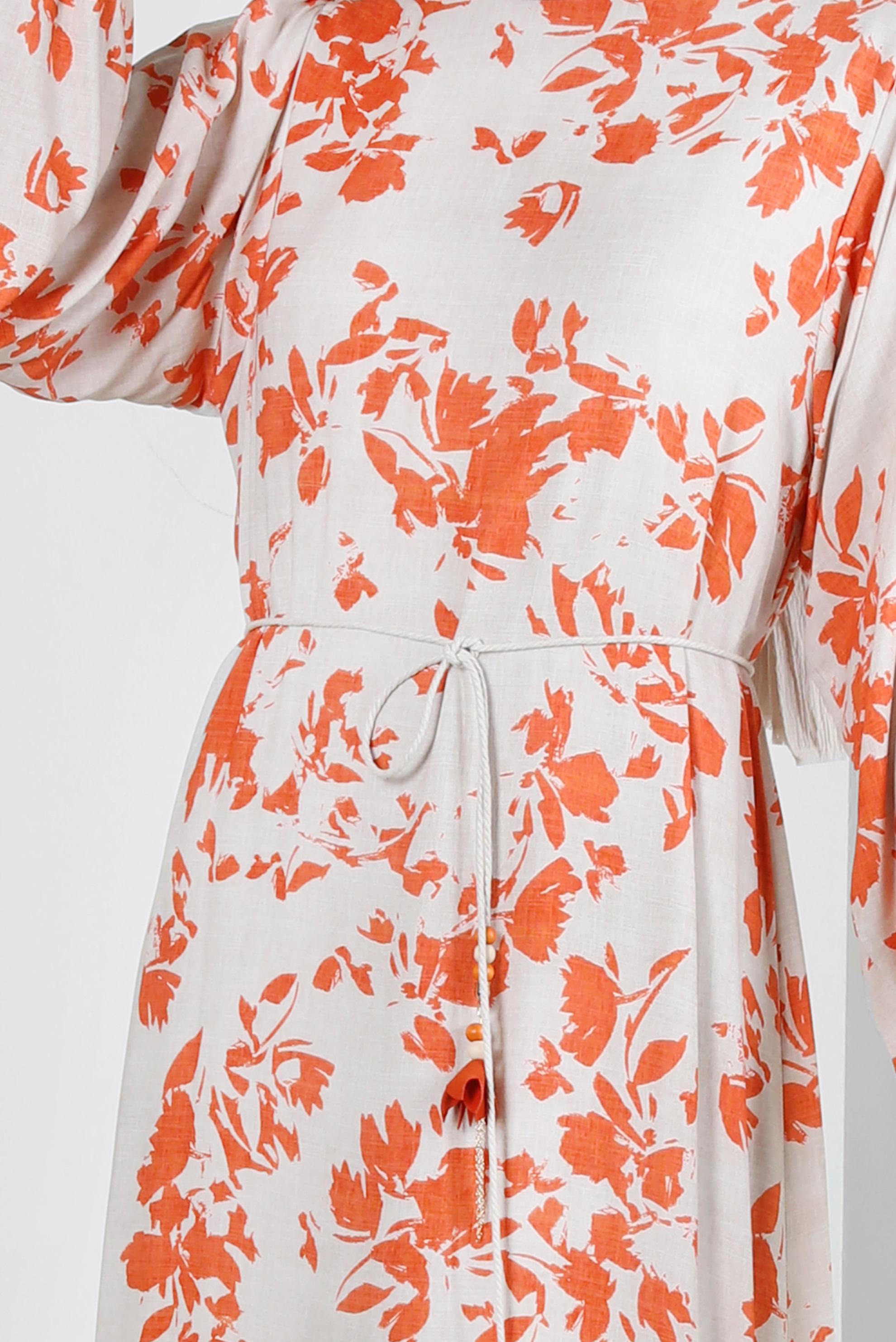 Tesettür giyim TURUNCU DESENLİ YARASA KOL ELBİSE 43754