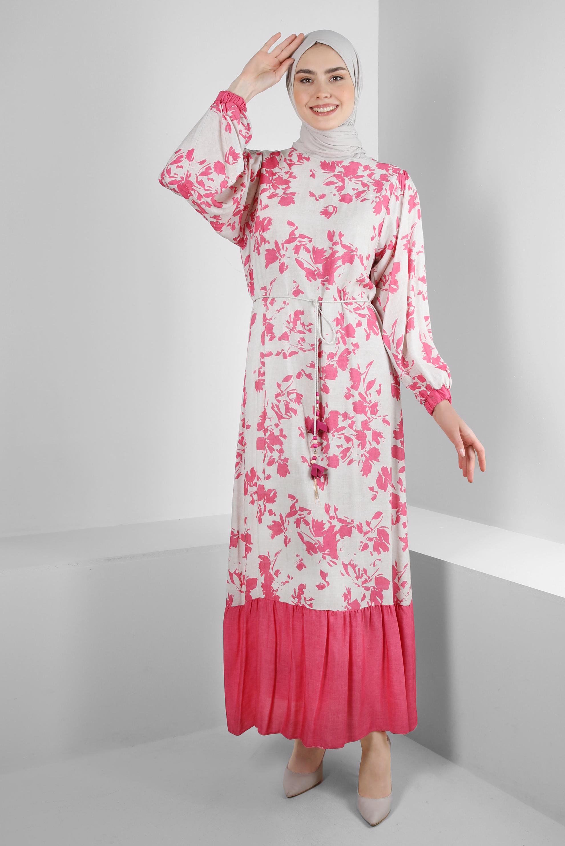 Tesettür giyim FUŞYA DESENLİ YARASA KOL ELBİSE 43754