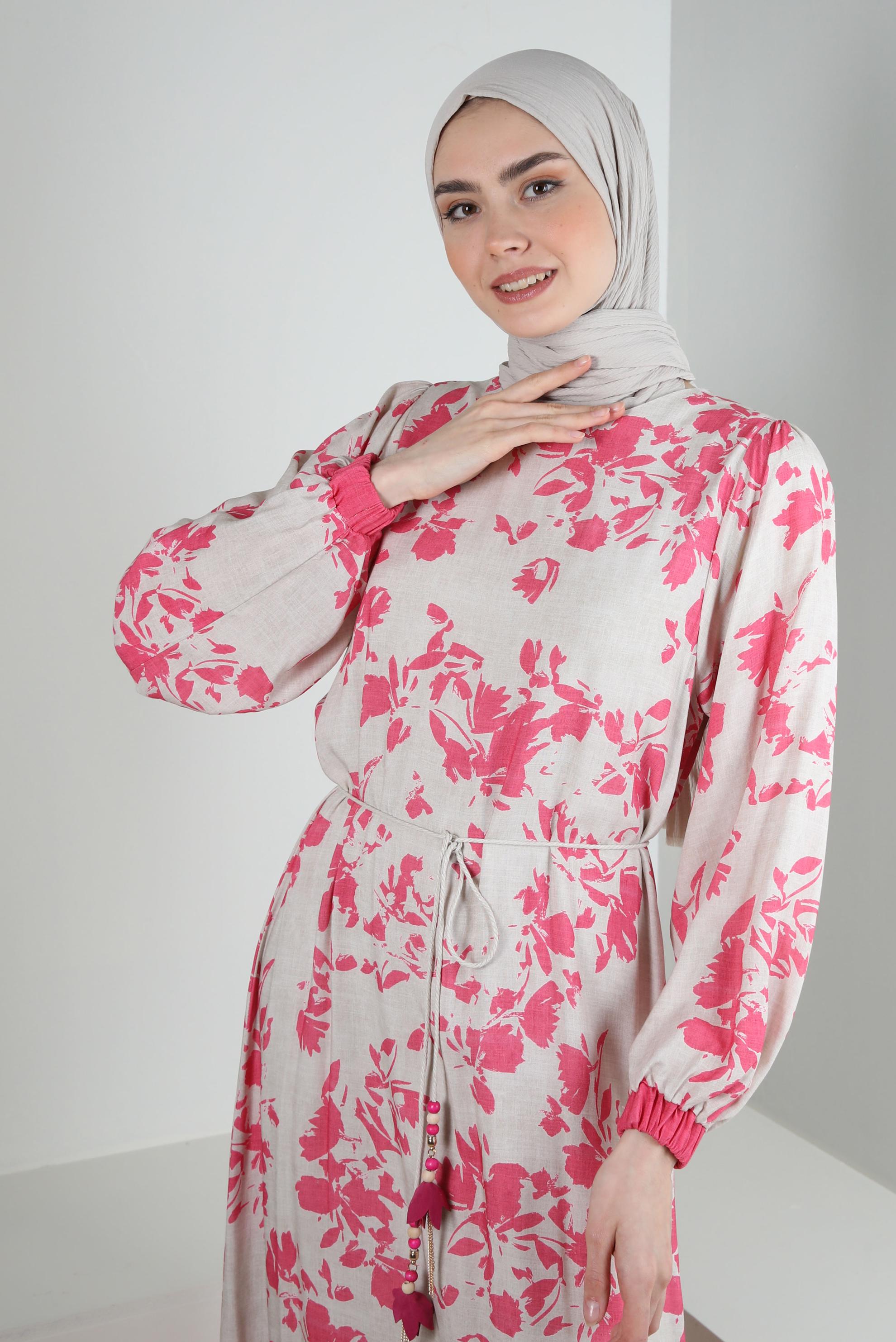 Tesettür giyim FUŞYA DESENLİ YARASA KOL ELBİSE 43754