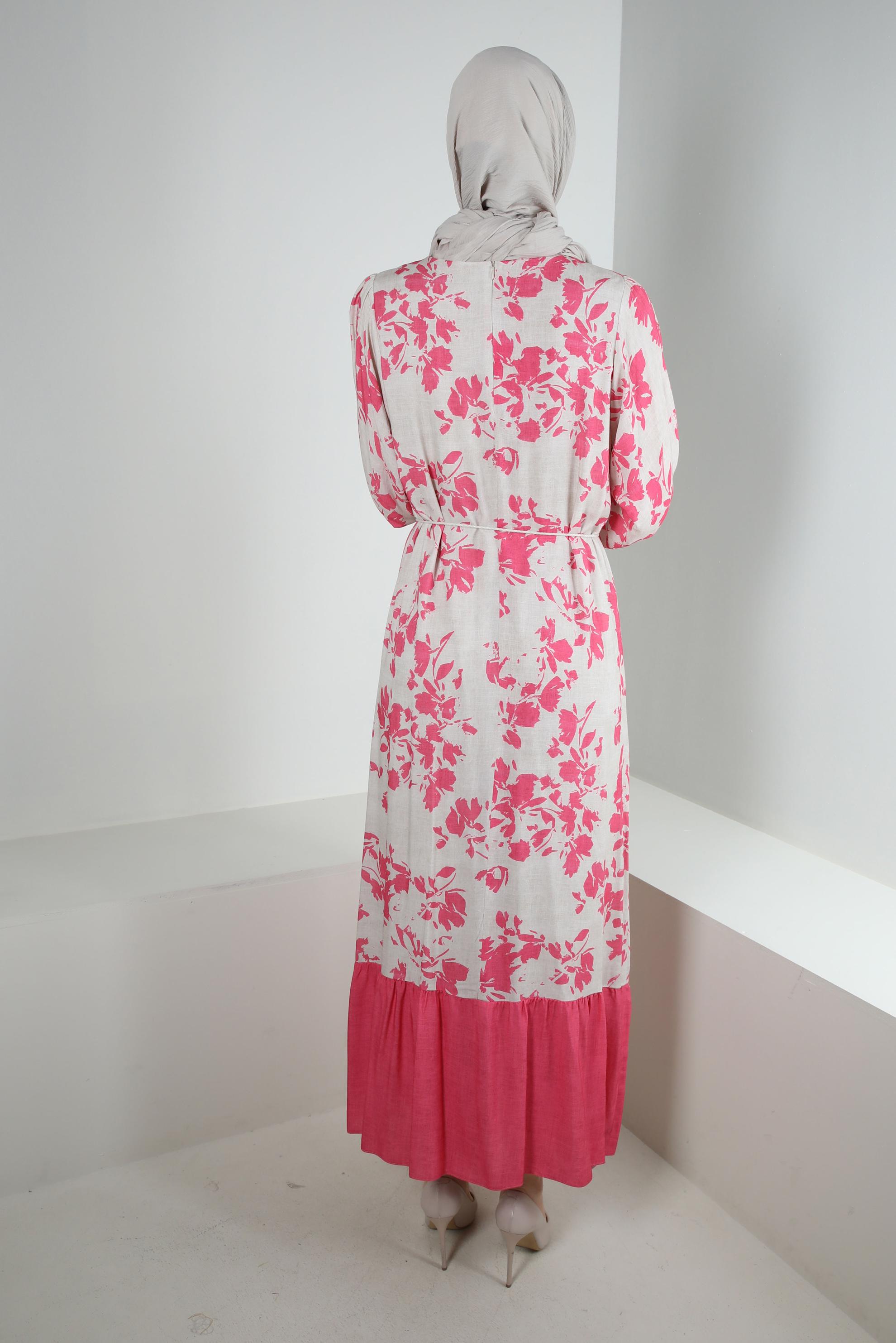 Tesettür giyim FUŞYA DESENLİ YARASA KOL ELBİSE 43754